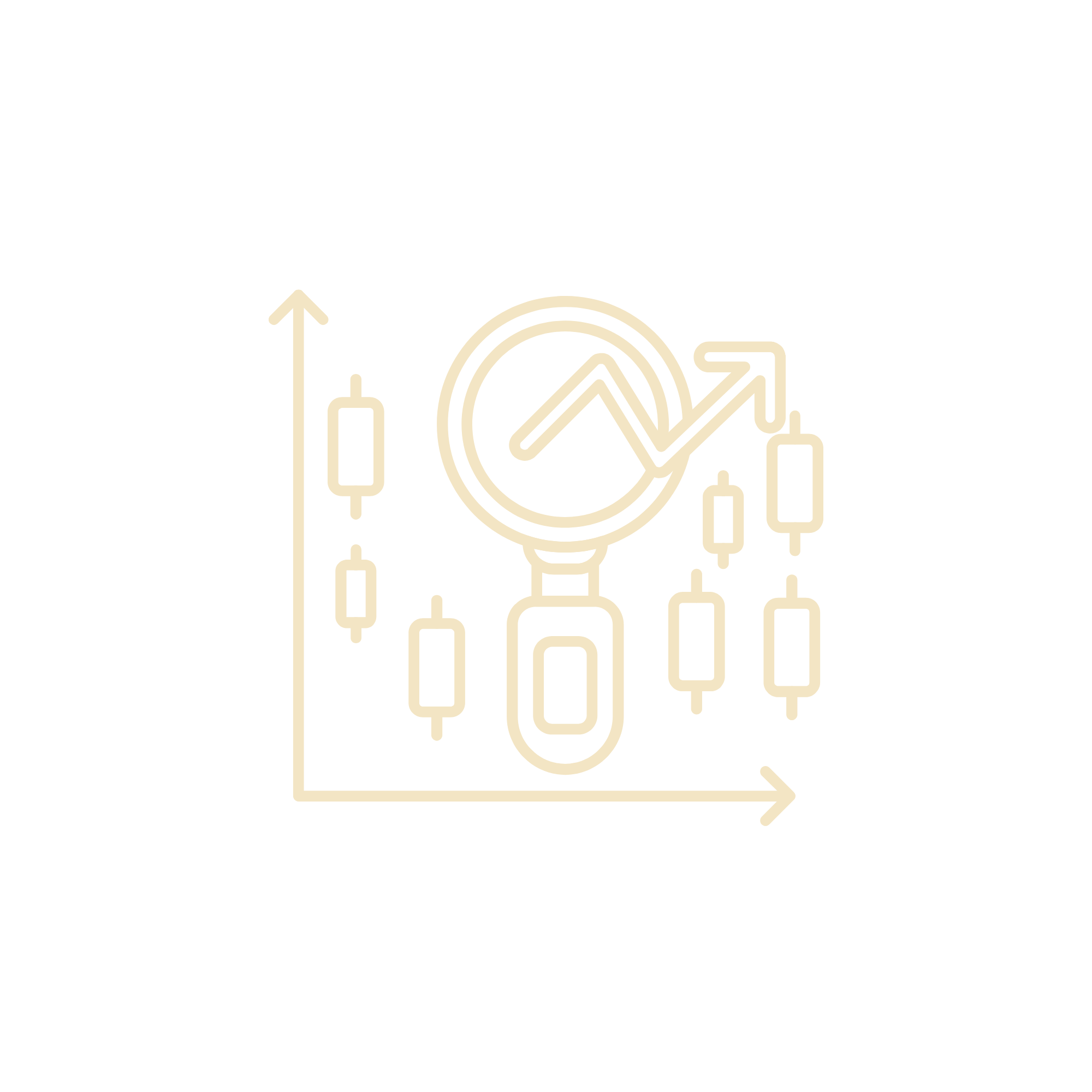 Line drawing of trading chart with candlestick patterns, magnifying glass, and upward trending arrow on a black background.