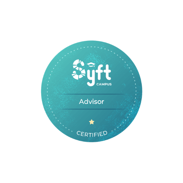 A teal collection badge for yft campus with the title 'Advisor' and a gold star labeled 'Certified'.