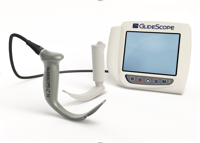 Medical device with a handheld probe connected to a display screen showing the brand name GlideScope.