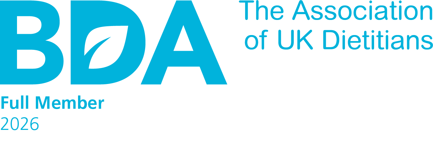 The logo of the British Dietetic Association features large blue letters "BDA" with a leaf shape inside the "D". To the right, it says "The Association of UK Dietitians" in blue text. Below, it states "Full Member 2026" also in blue.