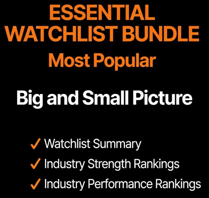 Advertisement for essential watchlist bundle, labeled as most popular, with a feature called Big and Small Picture. Includes a checklist for Watchlist Summary, Industry Strength Rankings, and Industry Performance Rankings.