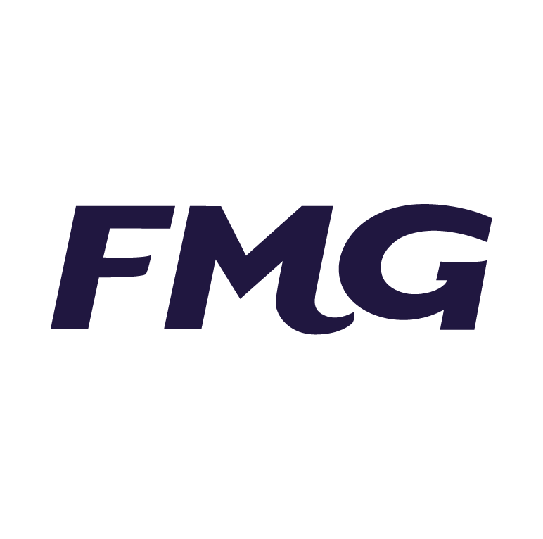 FMG logo in bold purple letters with a stylized black eagle wing above.
