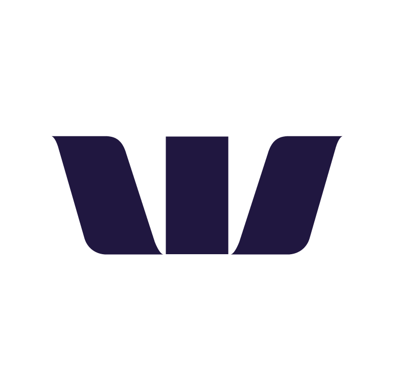 Westpac bank logo with a black background and dark blue stylized 'W' symbol.