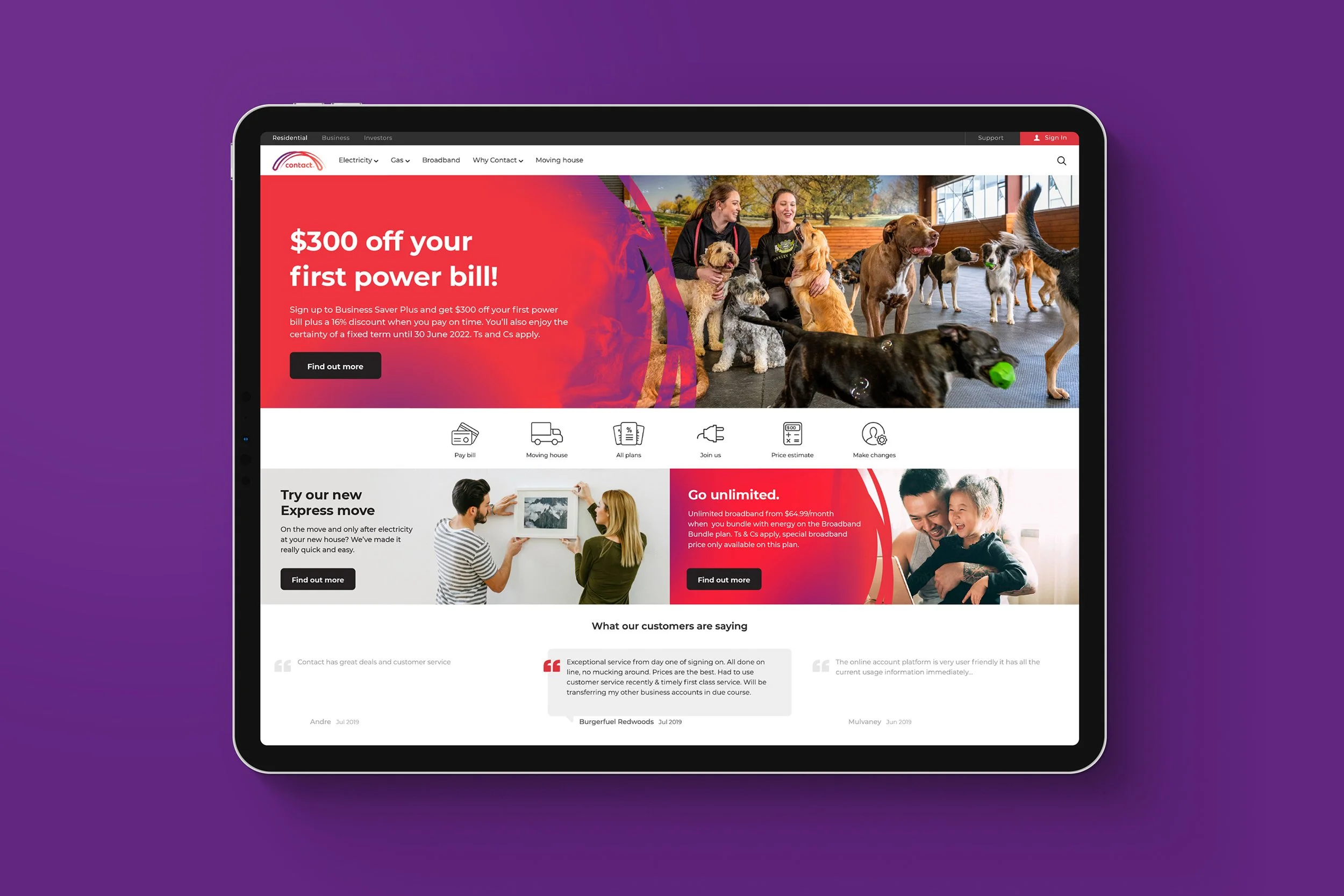 Computer screen displaying a website with a red banner offering $300 off the first power bill, featuring images of people with dogs and children in different sections.