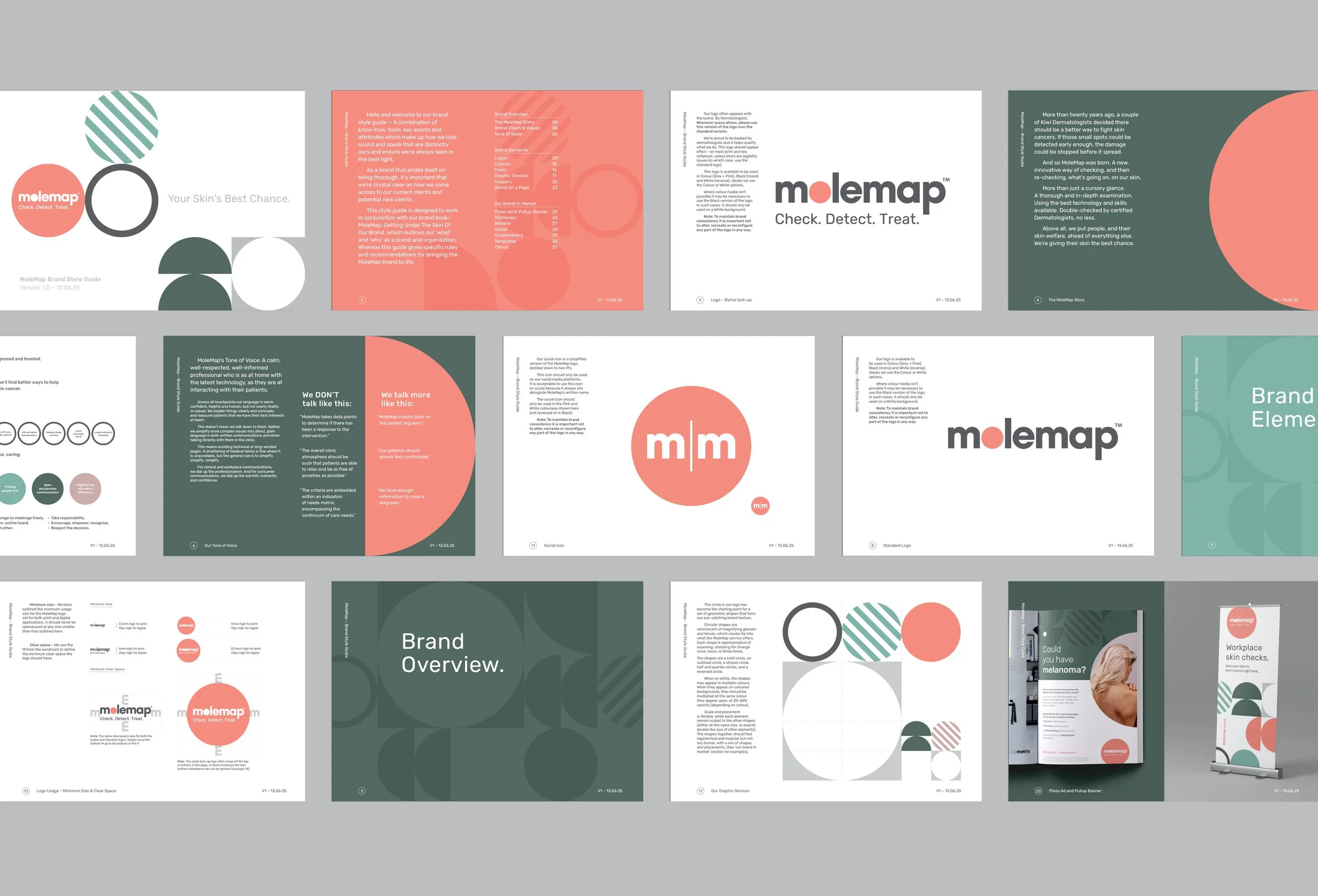 Multiple marketing and branding presentation slides with text, graphics, and images in a grid layout.