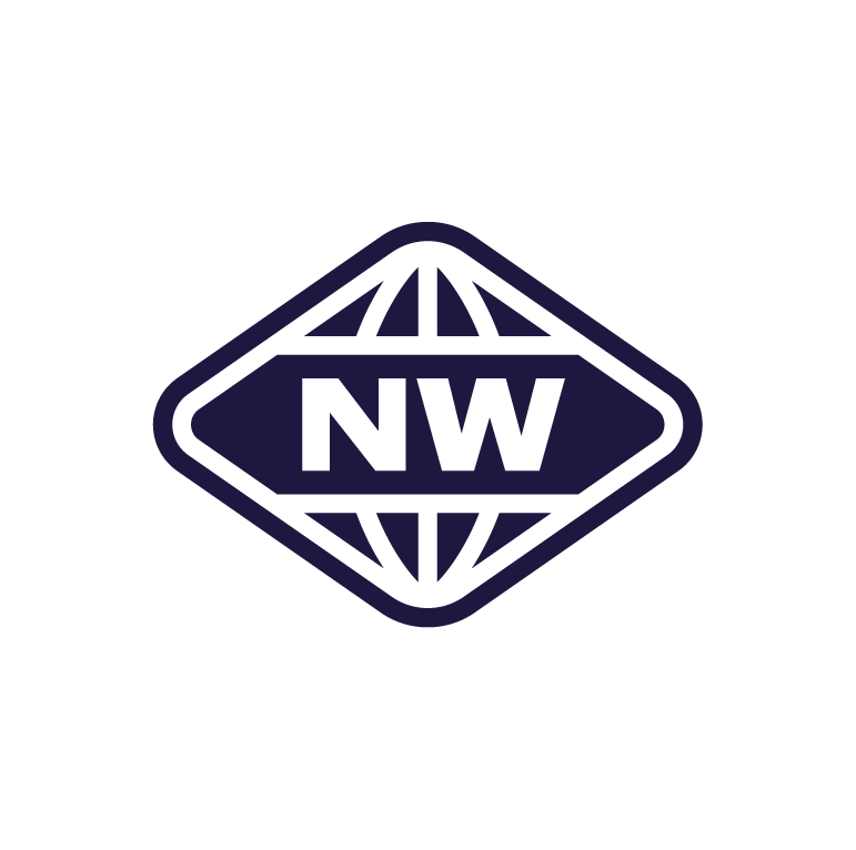 A dark navy blue logo with a diamond shape containing a stylized globe and the letters "NW" in the center.