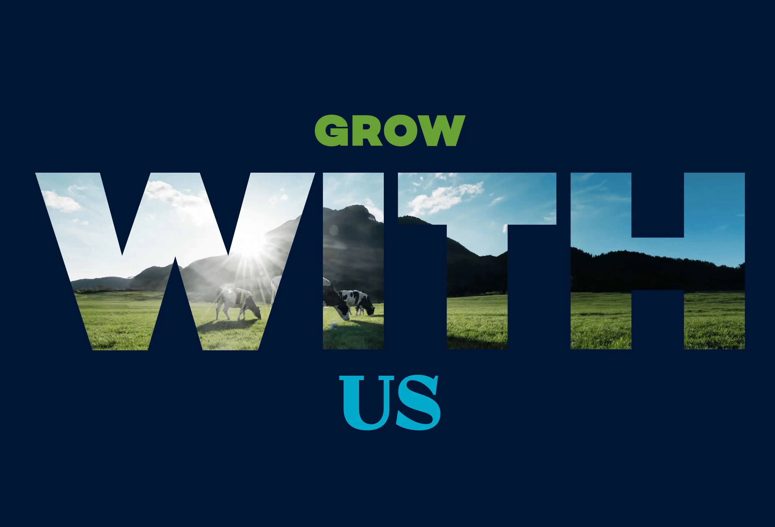 Text overlay on an outdoor scene that reads "Grow Wild. US" with a landscape of mountains, green fields, cows grazing, and a bright sky with some clouds.