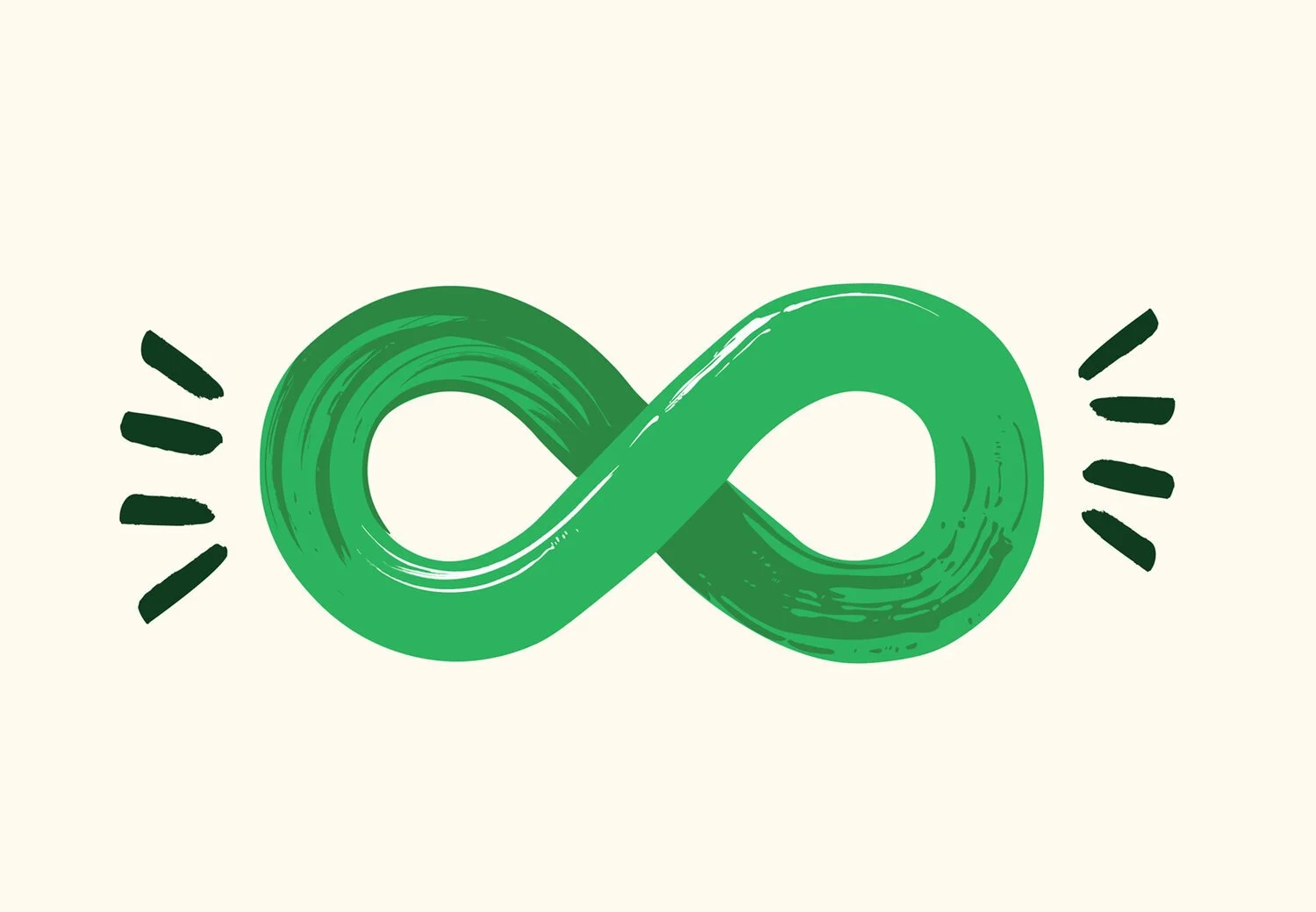 Green infinity symbol with radiating lines on either side, symbolizing infinite or limitless concept.