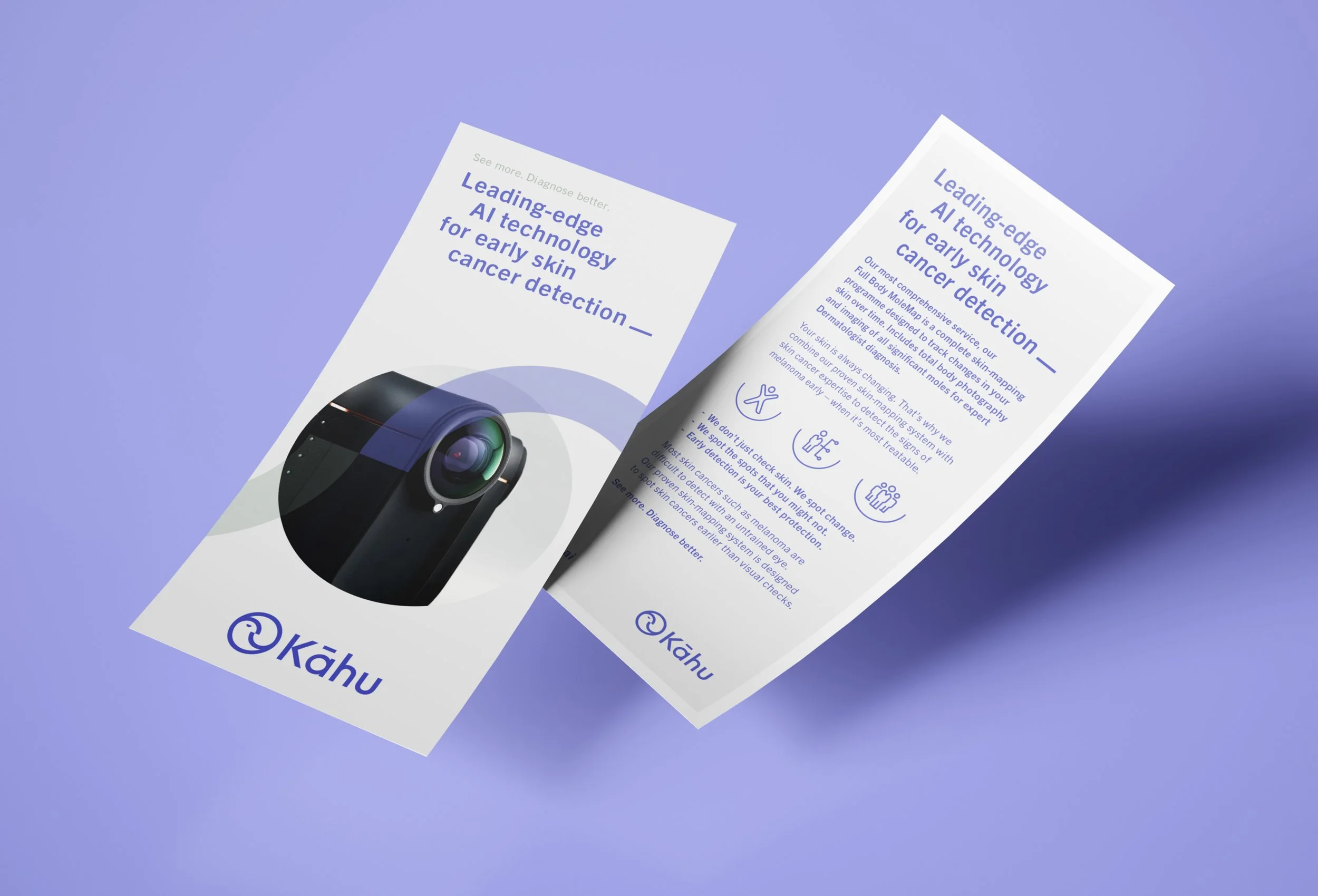 Brochure or flyer promoting advanced AI technology for early skin cancer detection, featuring an image of a medical device, with the logo '@Kahuu' at the bottom.