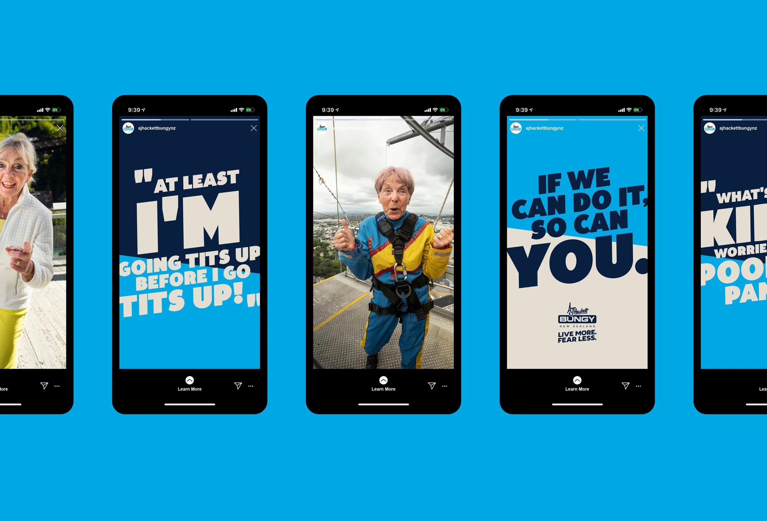 Series of mobile phone screens showing promotional images and text about overcoming fears, featuring an elderly woman on a zip line and inspirational quotes related to fear and confidence.