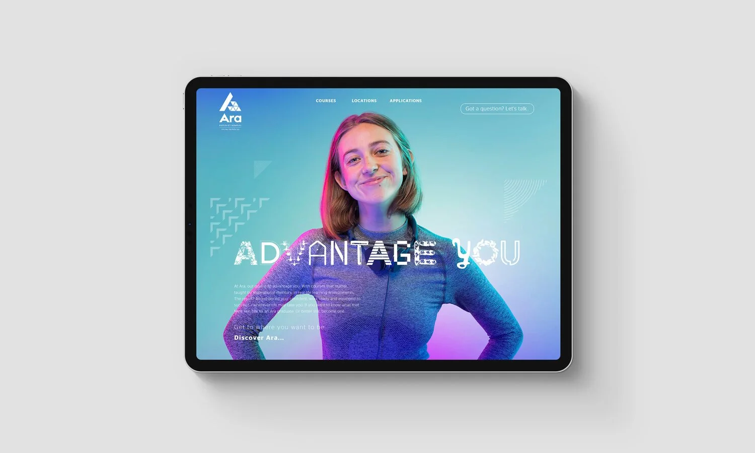 Tablet displaying a website for Ara Institute of Canterbury featuring a smiling young woman with shoulder-length hair, wearing a gray jacket, set against a colorful gradient background.