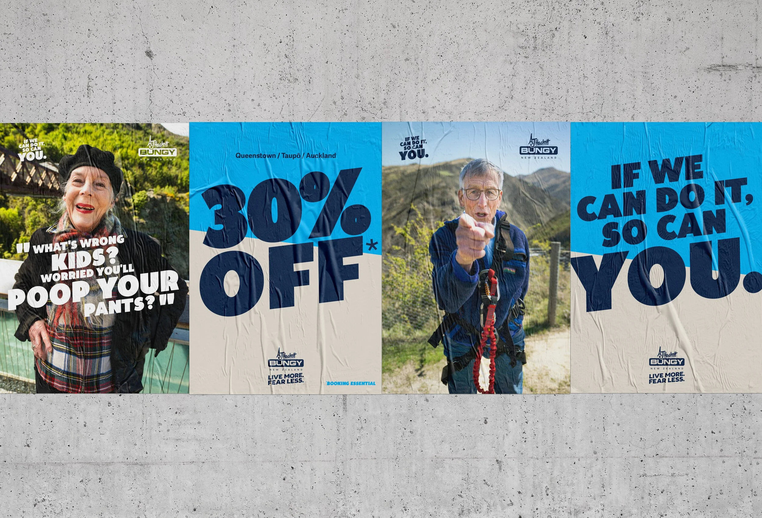 Fully integrated creative campaign for AJ Hackett Bungy New Zealand. From print to OOH and social content.