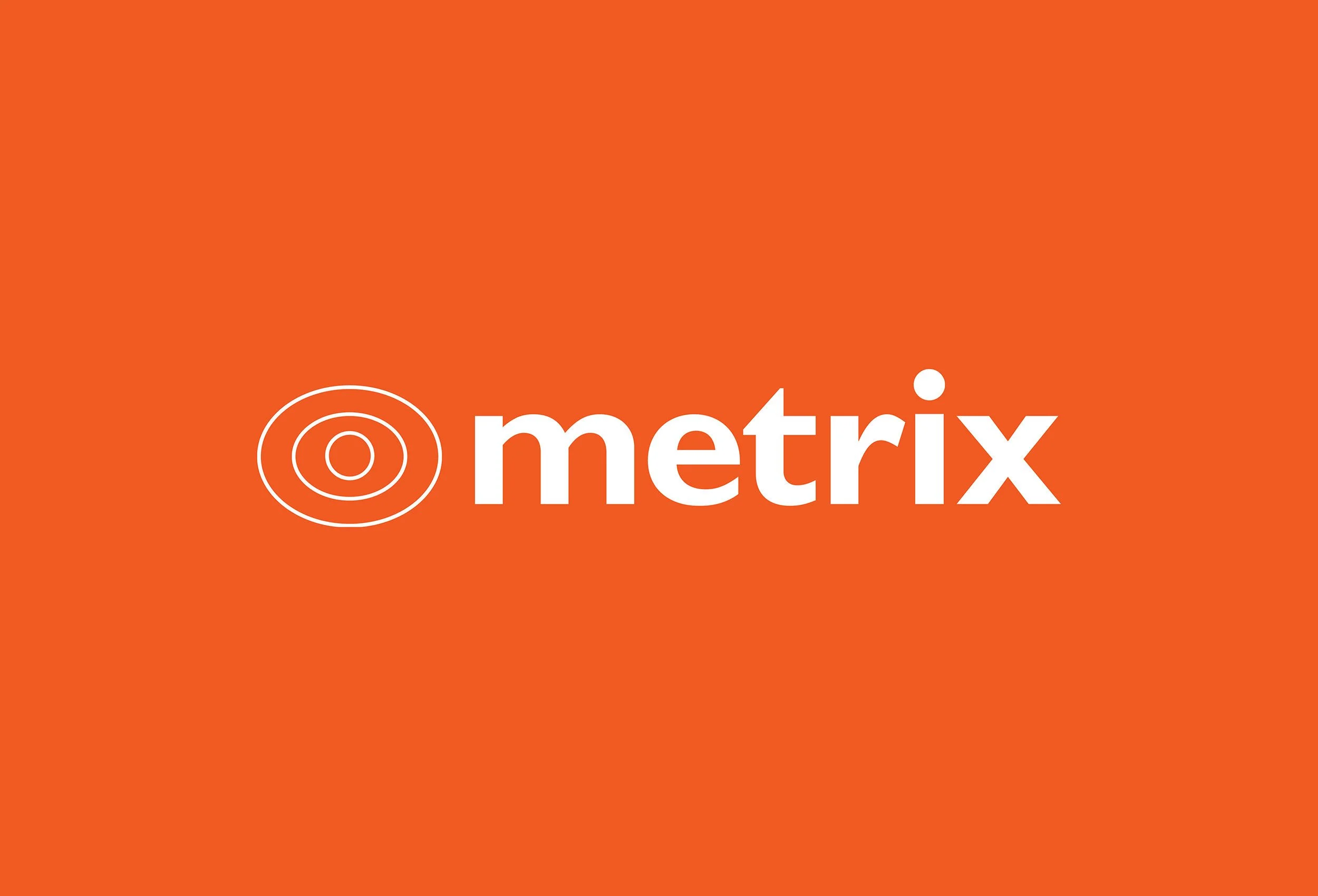Bright orange background with the white text 'metrix' and a circular logo consisting of concentric circles.