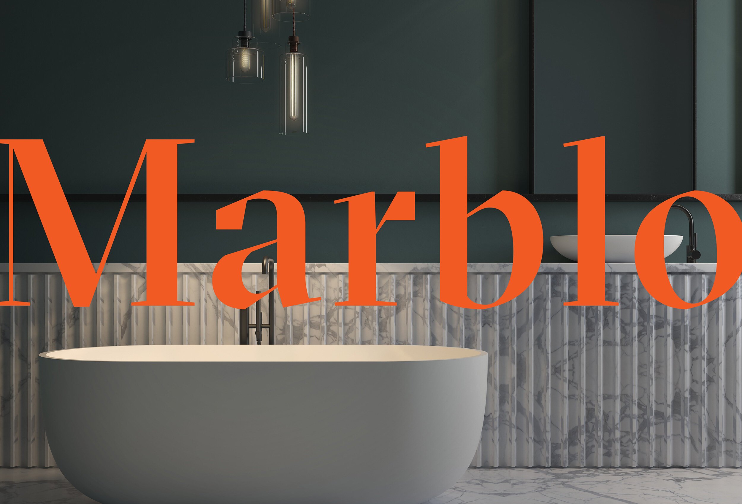 Modern bathroom with a freestanding bathtub, marble flooring, gray walls, pendant lights, and large orange text overlay.
