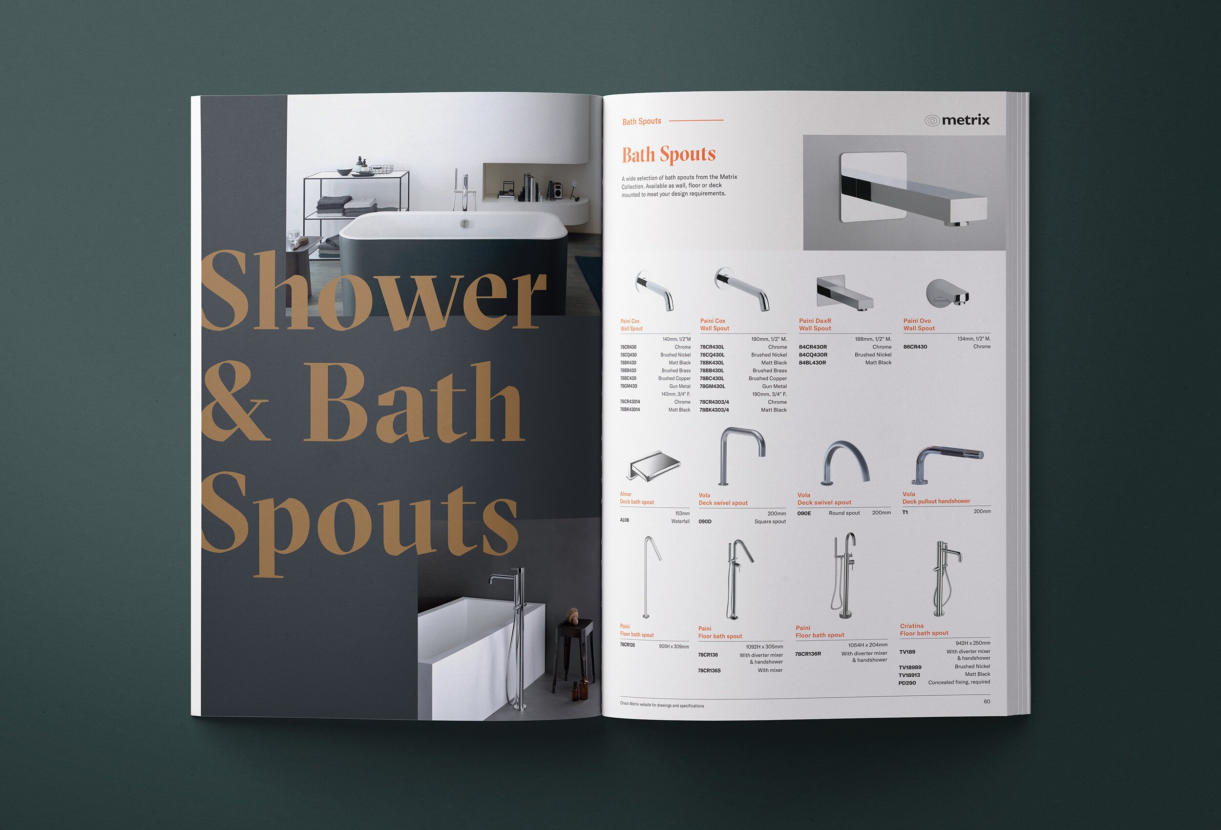 Open catalog displaying bathroom fixtures, including a bathtub, sinks, and various types of bathroom spouts and faucets.