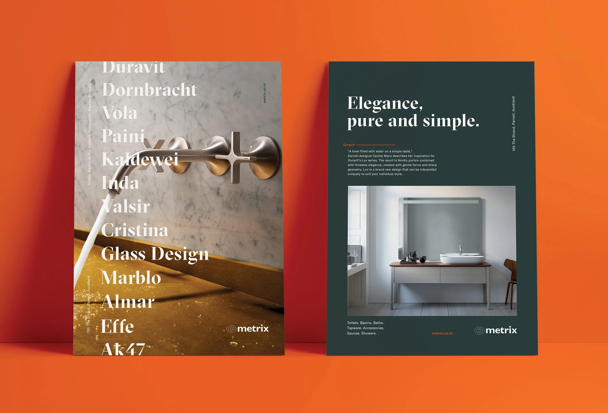 Two interior design posters against an orange background. The left poster features a marble wall with a modern, white and chrome faucet, and lists various design materials such as Duravit, Dornbracht, Vola, Paini, Kaldewei, Inca, and others. The right poster shows a minimalist bathroom with a white sink and a large window, promoting clean and simple aesthetic design.