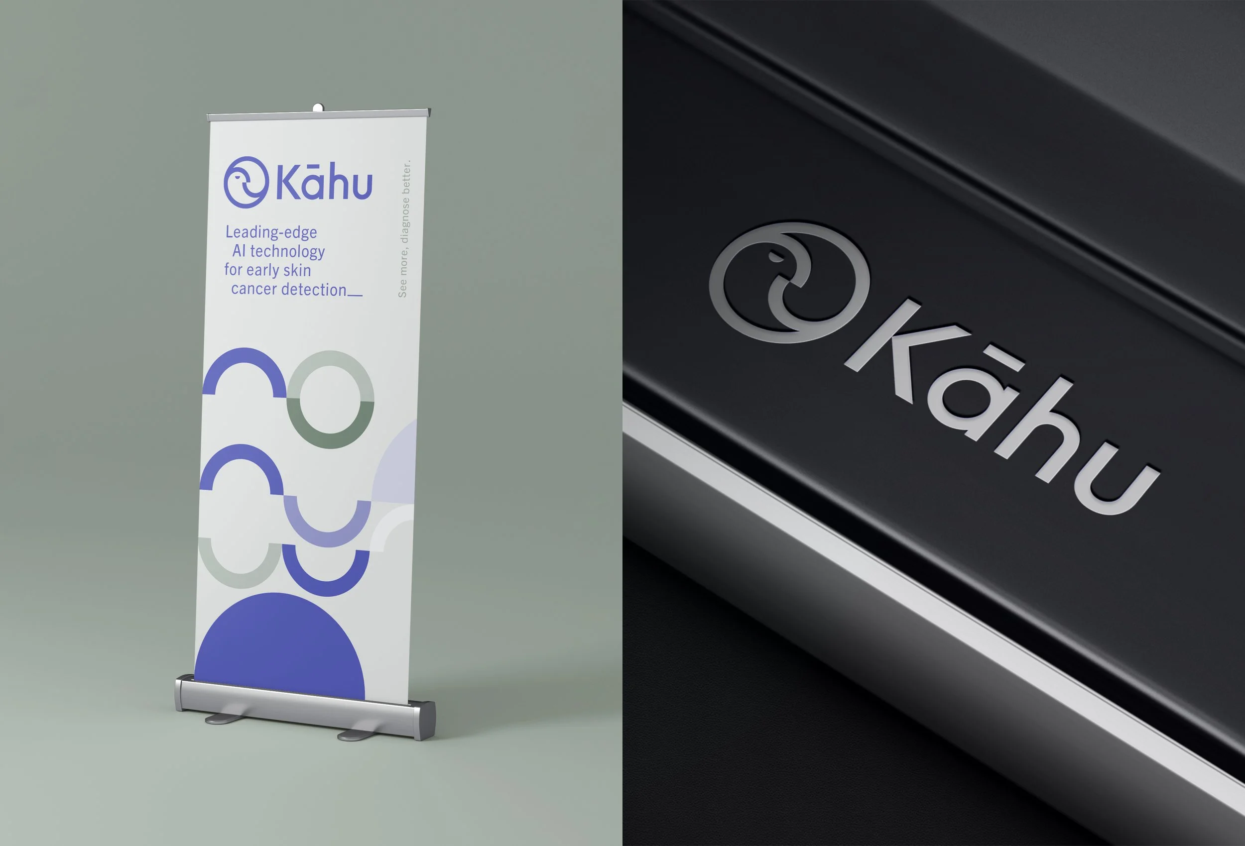 A cutout of a Kahu logo on a digital device, and a separate Kahu logo on a physical object, both featuring a stylized face icon.