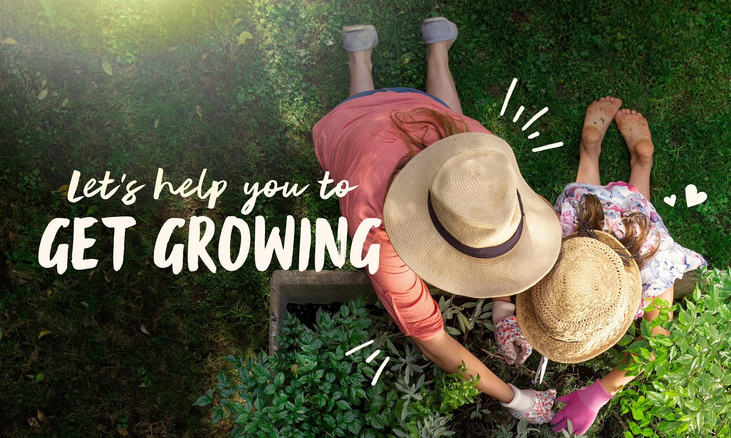 Two children gardening outdoors on a grassy area with plants, wearing hats and gloves, planting or tending to small plants, with the overlay text "Let's help you to GET GROWING".