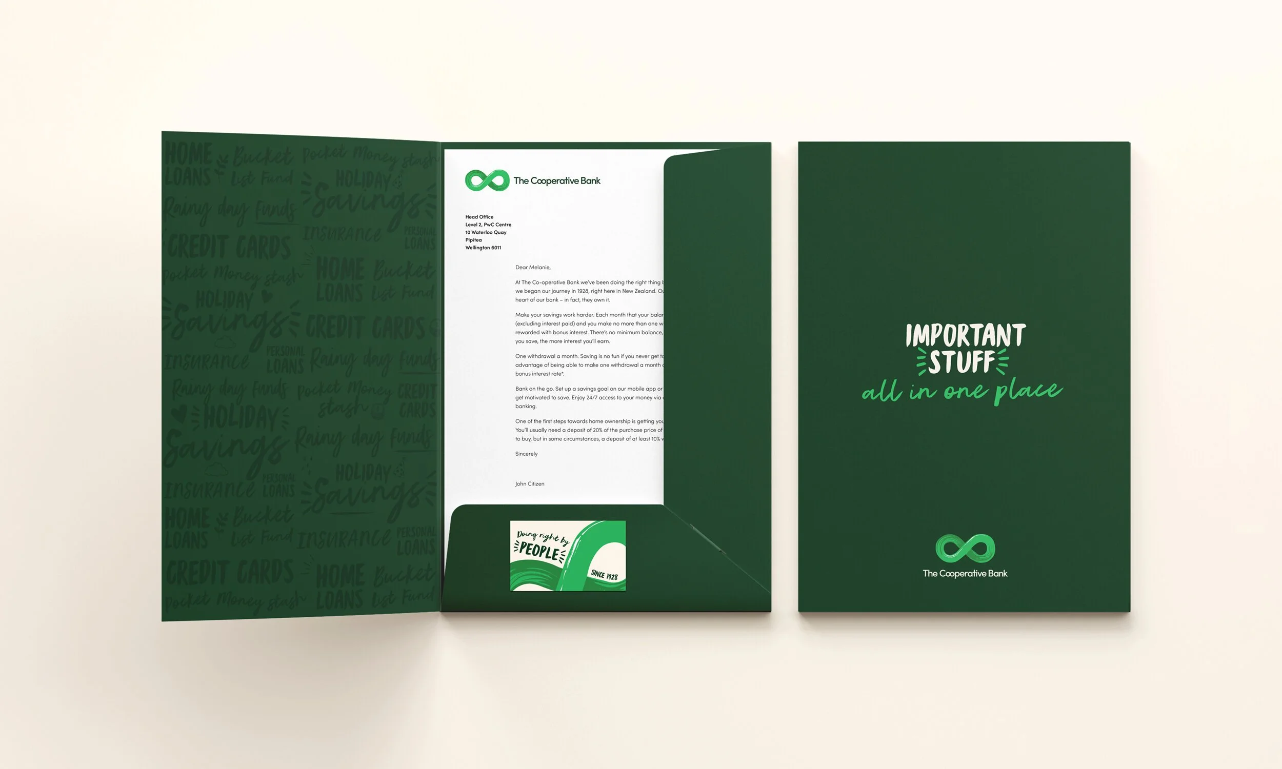 Open brochure from The Cooperative Bank featuring green and white design, with text emphasizing "important stuff all in one place," and interior pages showing a letter and branding materials.