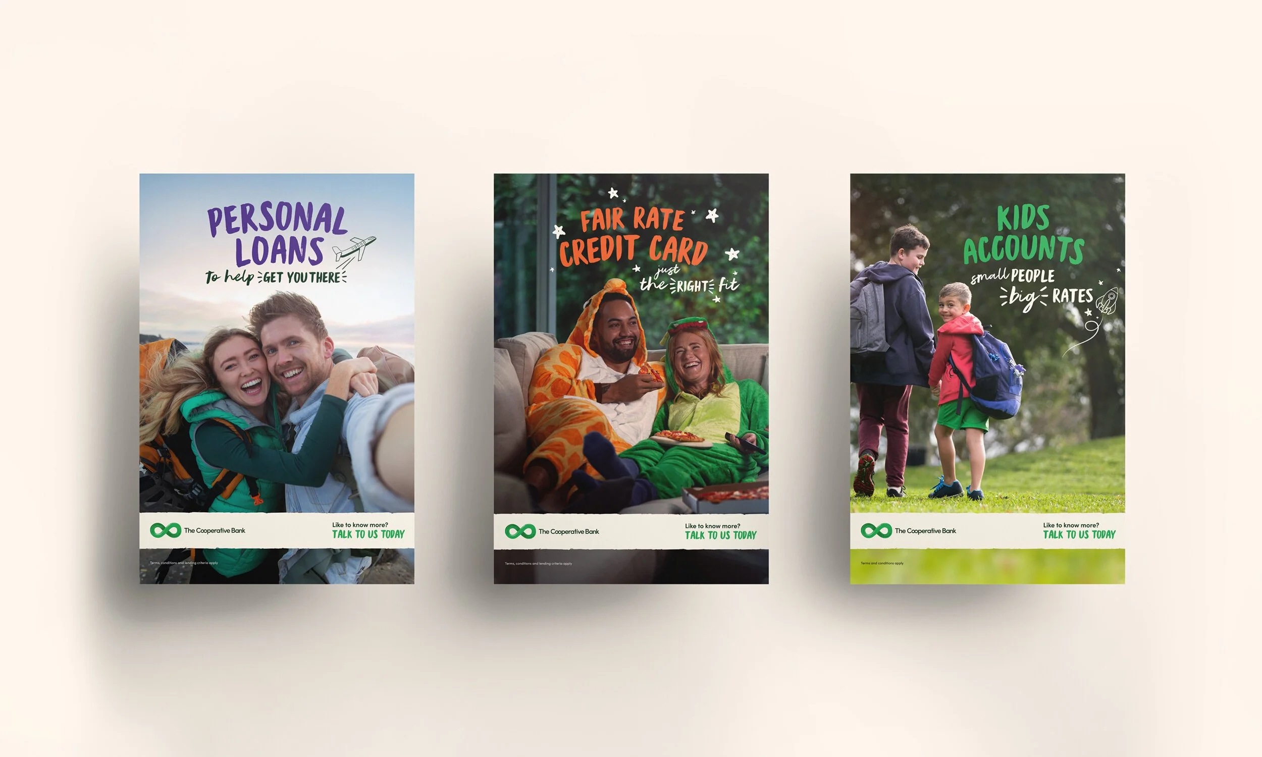 Three promotional flyers from The Cooperative Bank featuring diverse groups of people in outdoor and indoor settings promoting financial services.
