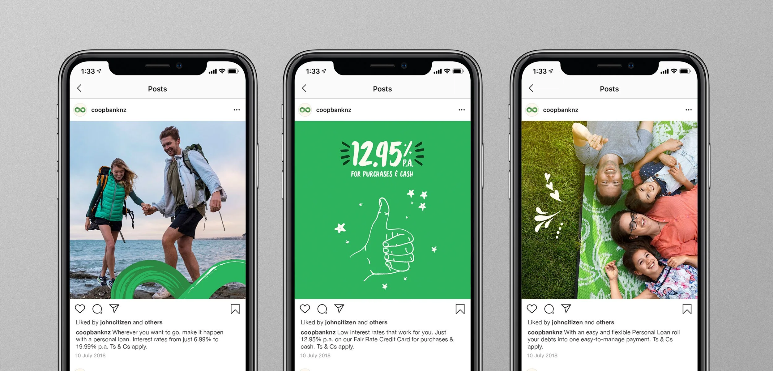 Three smartphones displaying Instagram posts, with images of people relaxing and enjoying outdoor activities, and financial advertisements.