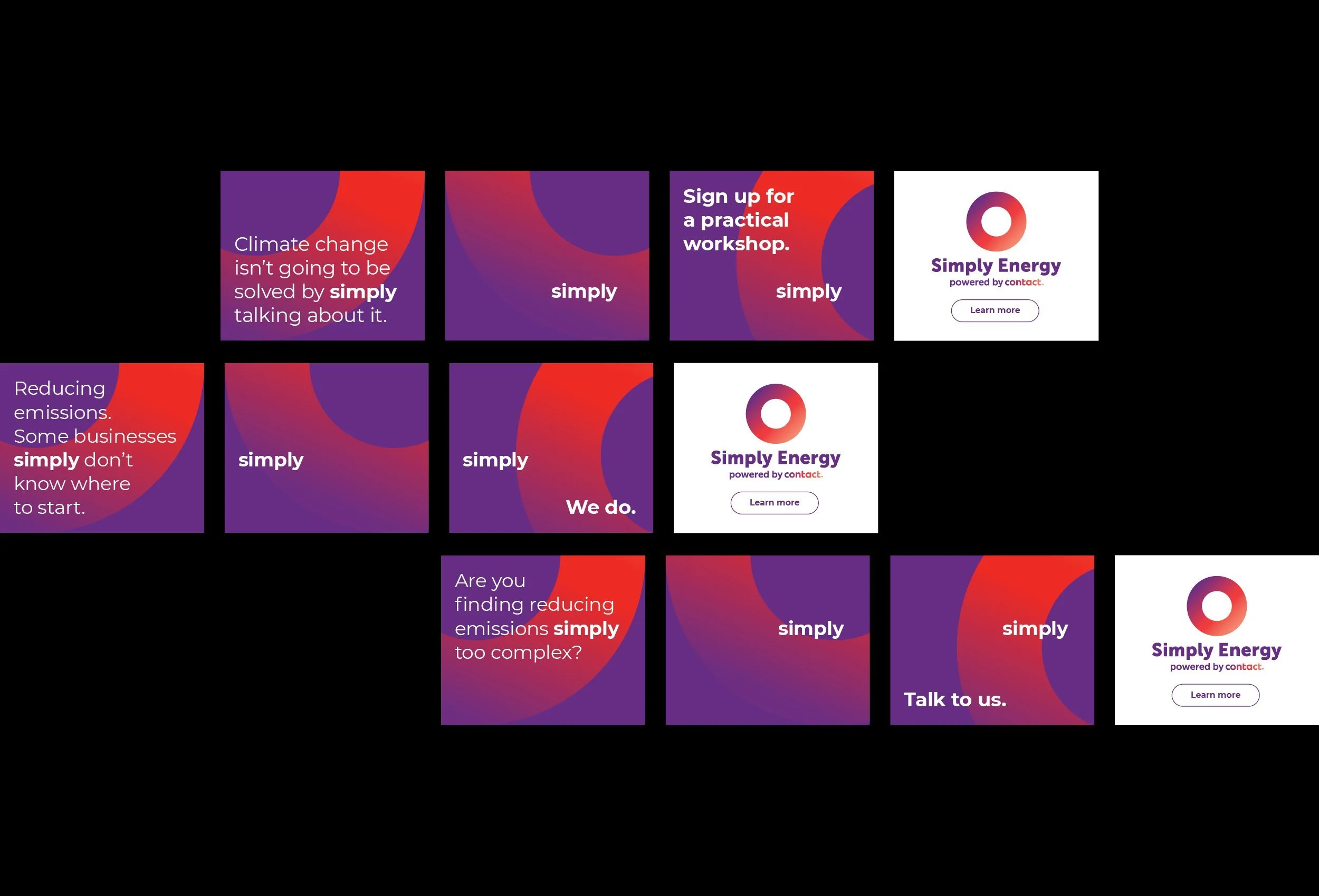 Multiple digital advertisements for Simply Energy featuring purple and red abstract backgrounds, with messages about climate change, energy solutions, and contact options.