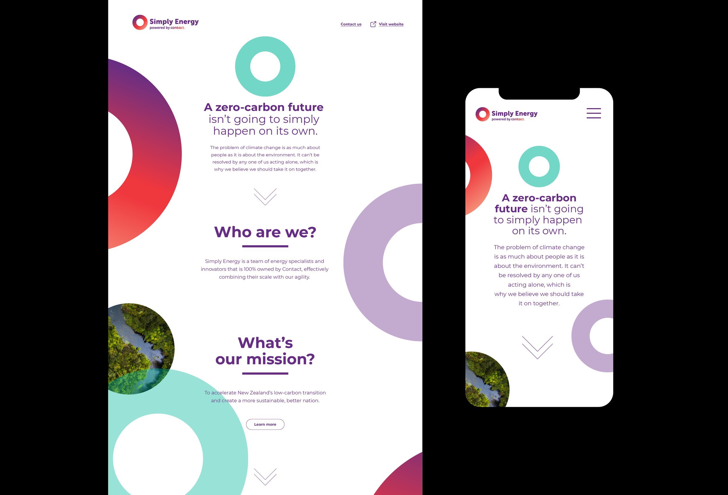 Screenshot of a website about Simply Energy, featuring colorful circles and text discussing a zero-carbon future, climate change, and energy solutions.
