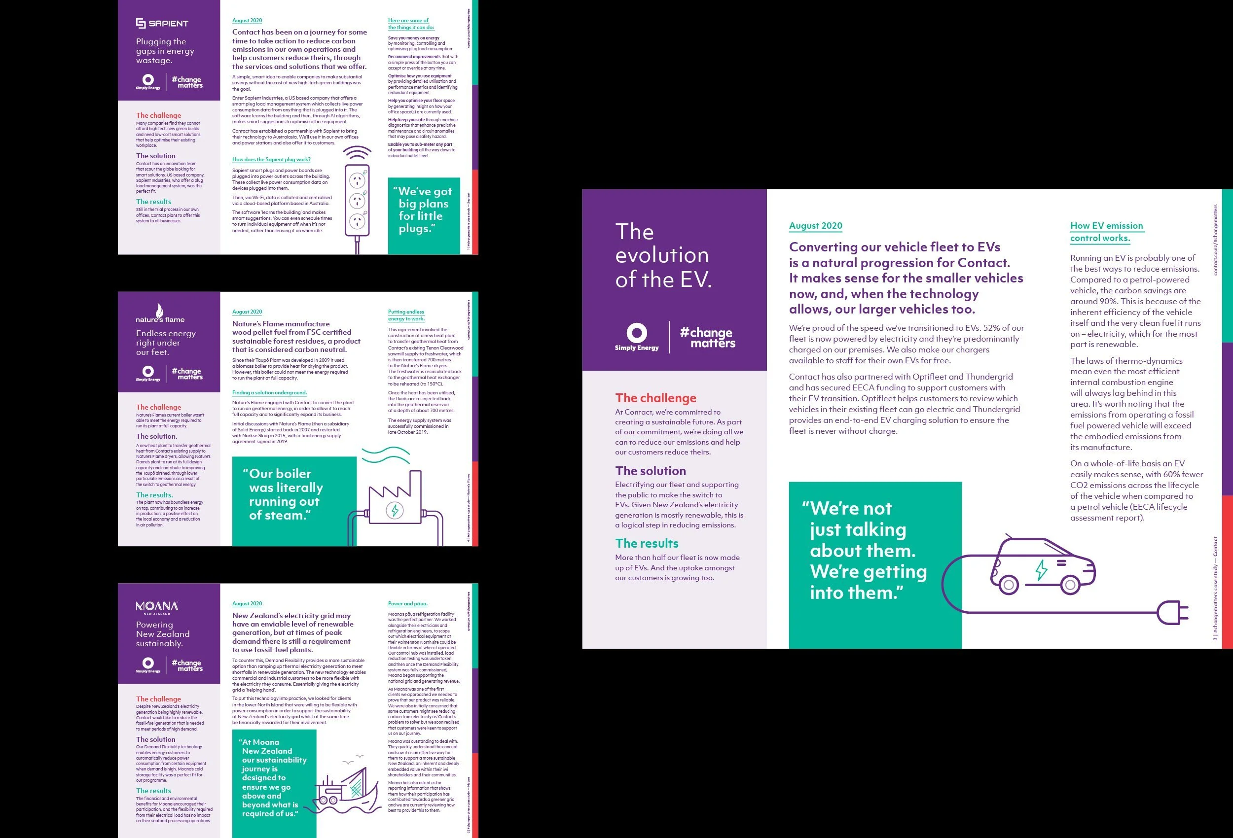 A colorful infographic about energy sustainability, featuring sections on reducing carbon emissions, converting vehicles to electric, energy generation, and innovation in New Zealand's energy sector, with text, icons, and graphics in purple, green, and teal.