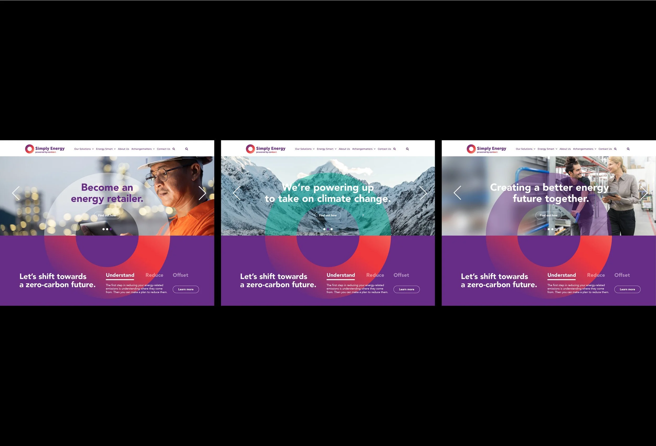 Three website screenshots about energy and climate change, with titles 'Become an energy retailer,' 'We're powering up to take on climate change,' and 'Creating a better energy future together.' Each features a different person in an energy-related setting.