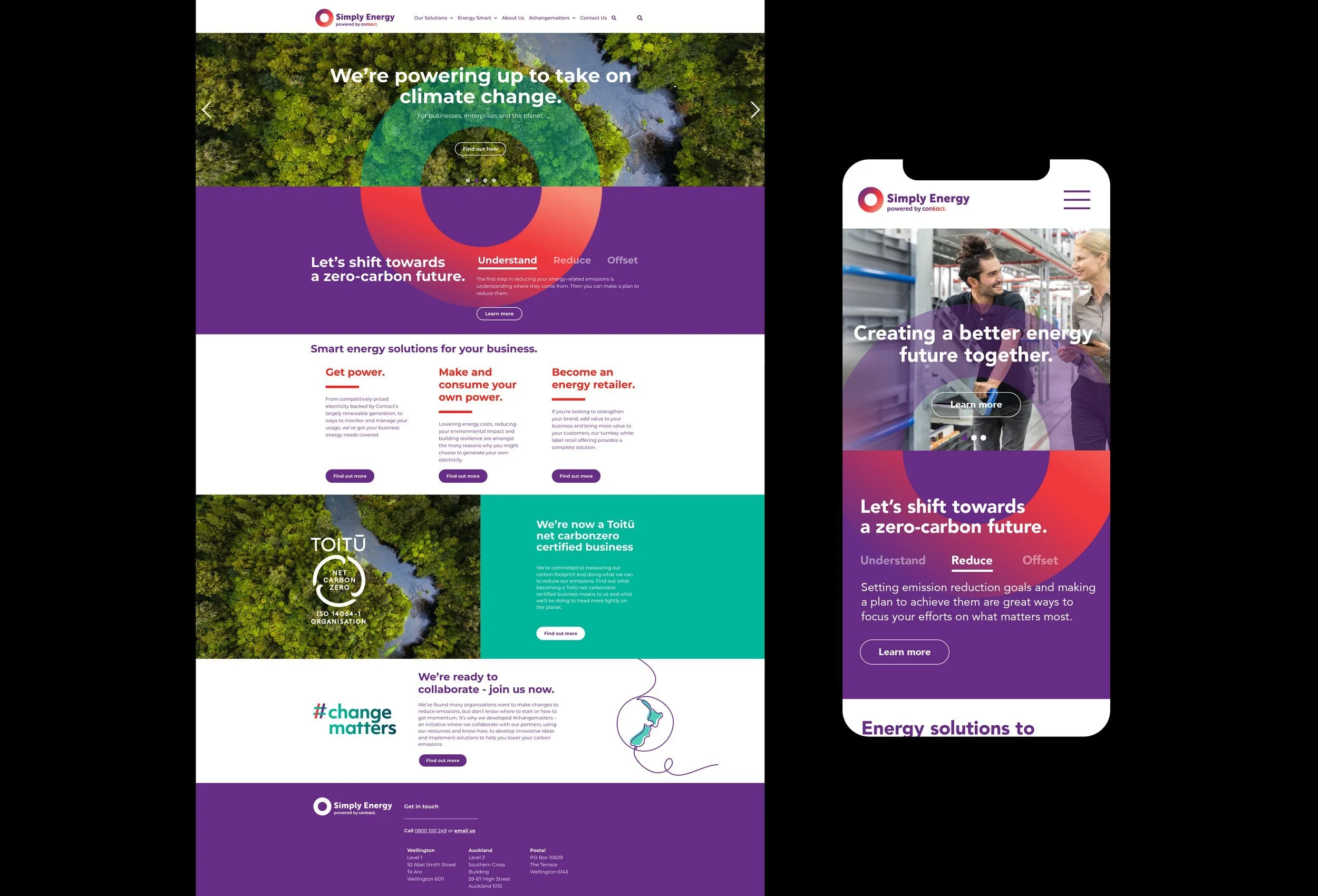 Screenshots of a website for Simply Energy, a company focused on renewable energy solutions. The website features sections about climate change, reducing carbon emissions, and smart energy solutions. There are images of a forest, a factory, and a logo indicating net zero carbon certification.