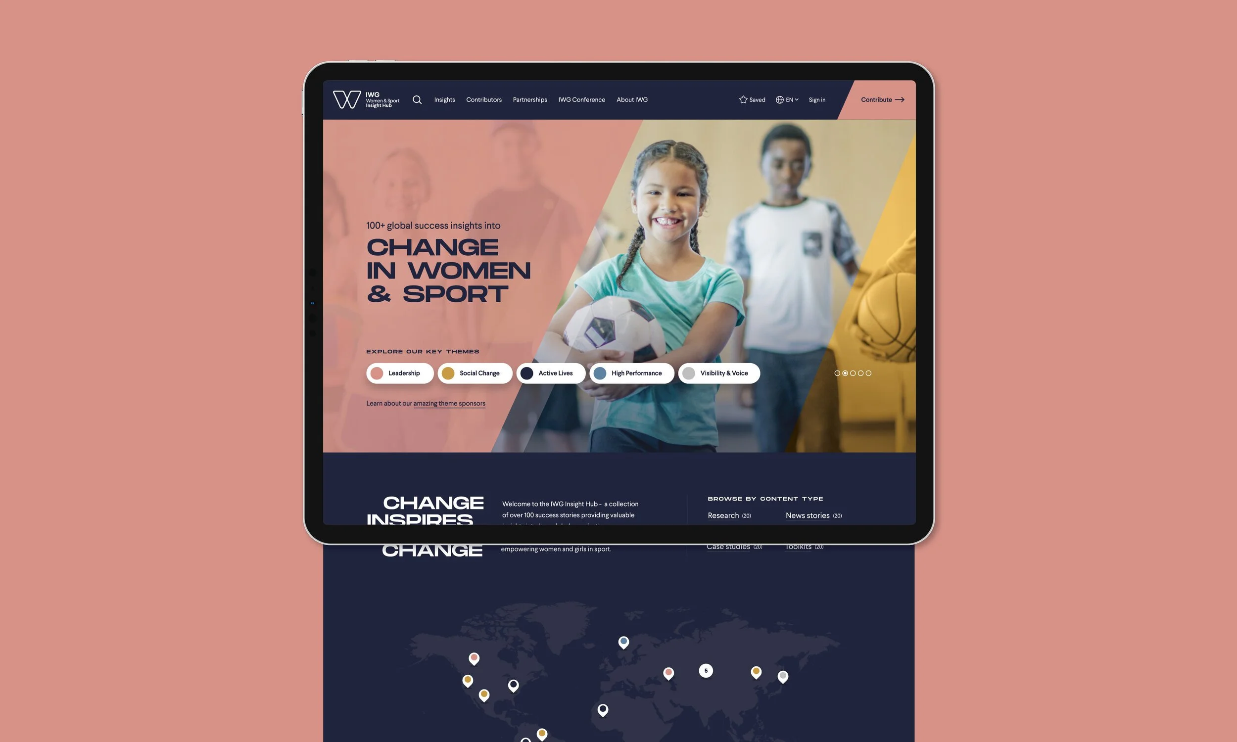A webpage on a tablet screen titled "Women & Sport Insight Hub" showing a young girl smiling and holding a soccer ball, with other children in the background. The page highlights themes of change in women and sport.