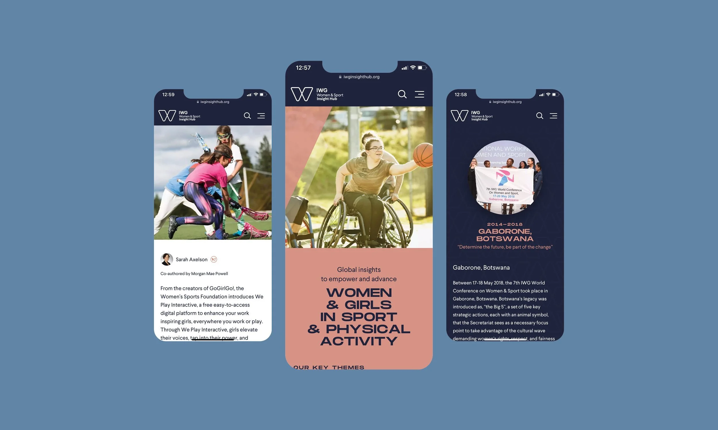 Three mobile phone screens displaying the Women & Sport Insight Hub website, featuring images of women engaging in sports activities and informational content about women and girls in sports.