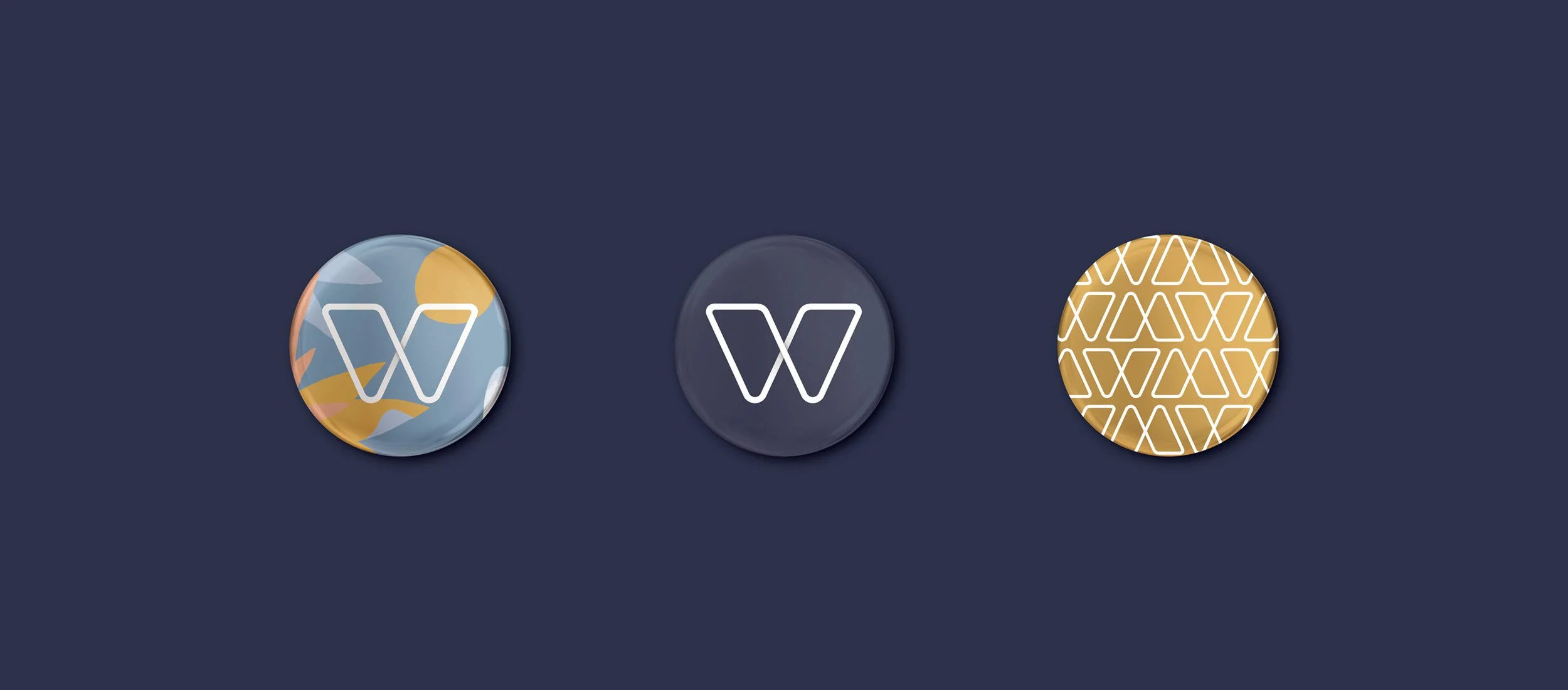 Three circular logo icons on a dark blue background. The first has a colorful abstract design, the second is a dark circle with a white outline letter 'W', and the third has a gold pattern with white outlined 'W's.