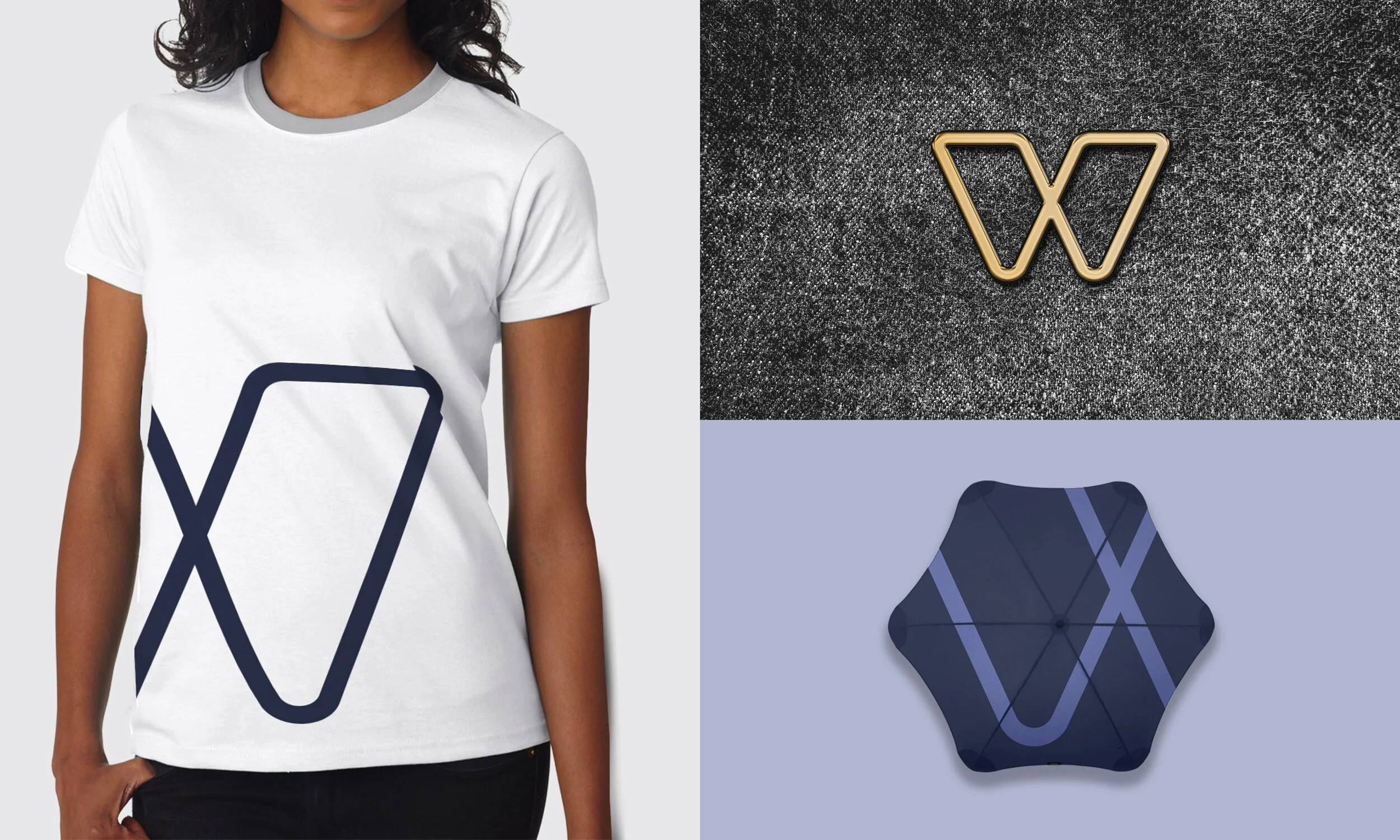 A woman wearing a white t-shirt with a large navy blue outline of a geometric 'W' logo on the front. The t-shirt has a light gray collar. The image also shows a close-up of the logo, which is a metallic gold 3D 'W' on a black textured background. There is also a navy blue garment with a pattern of diagonal light blue stripes.