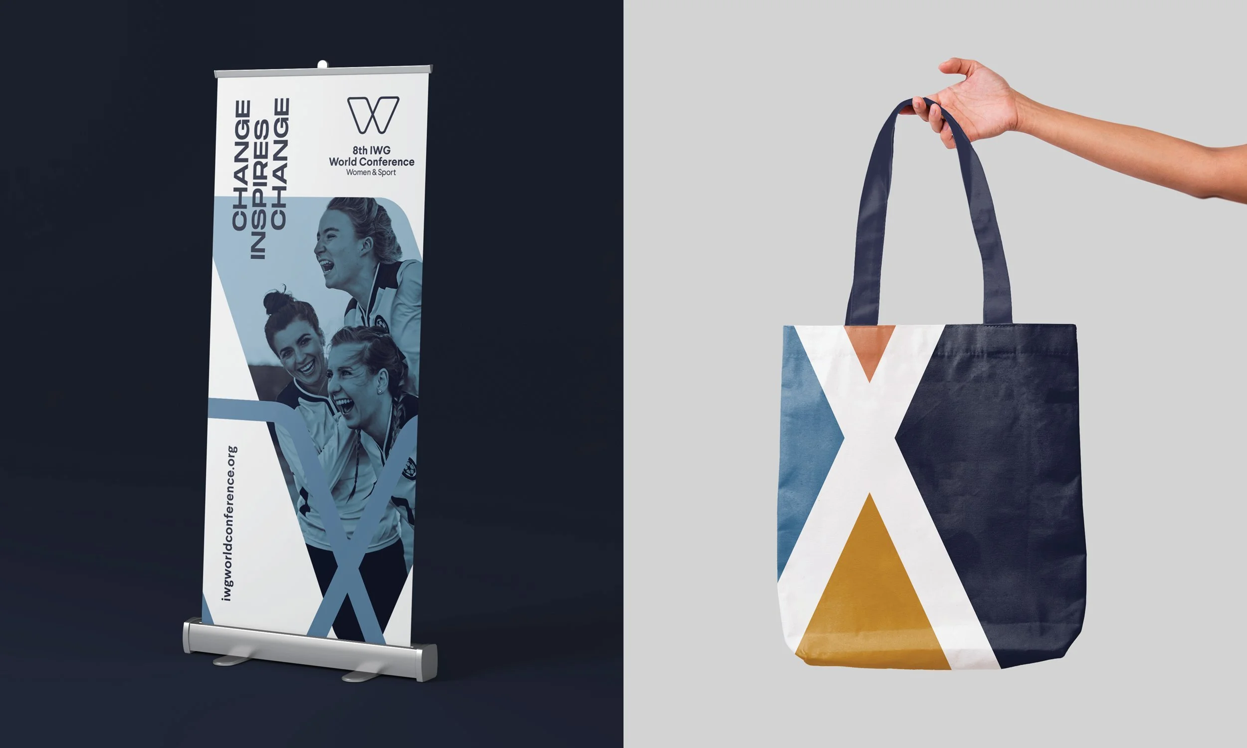 Left side: A vertical banner with the text "Olympia INSPIRE CHANGE" at the top and images of women smiling and celebrating. Right side: A hand holding a tote bag with a geometric pattern in blue, white, yellow, and orange. The background is plain gray.