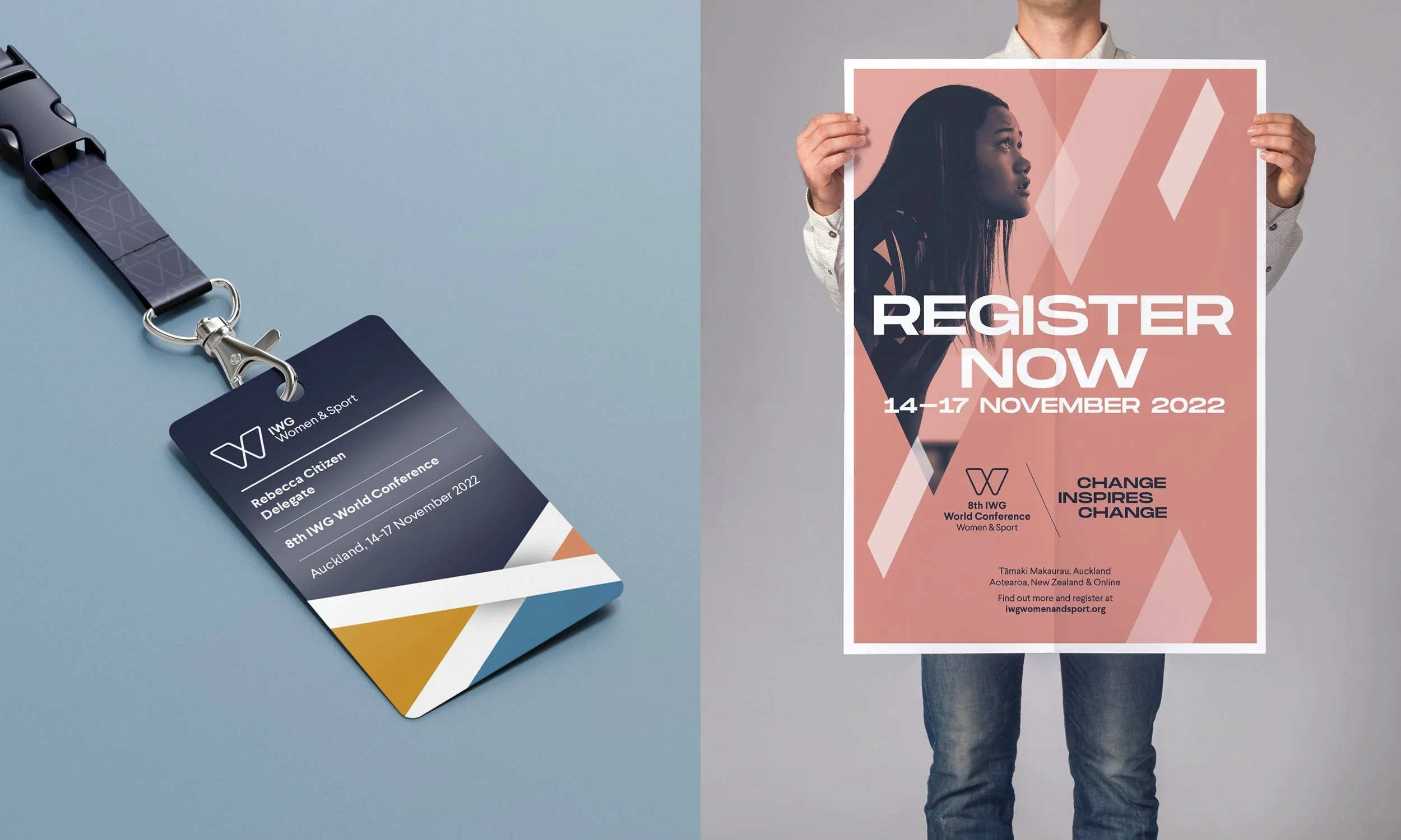 Conference badge with details for Rebecca Citizen, indicating the 8th IWG Women & Sport World Conference in Auckland, November 14-17, 2022, and a promotional poster for the conference with the date and location.