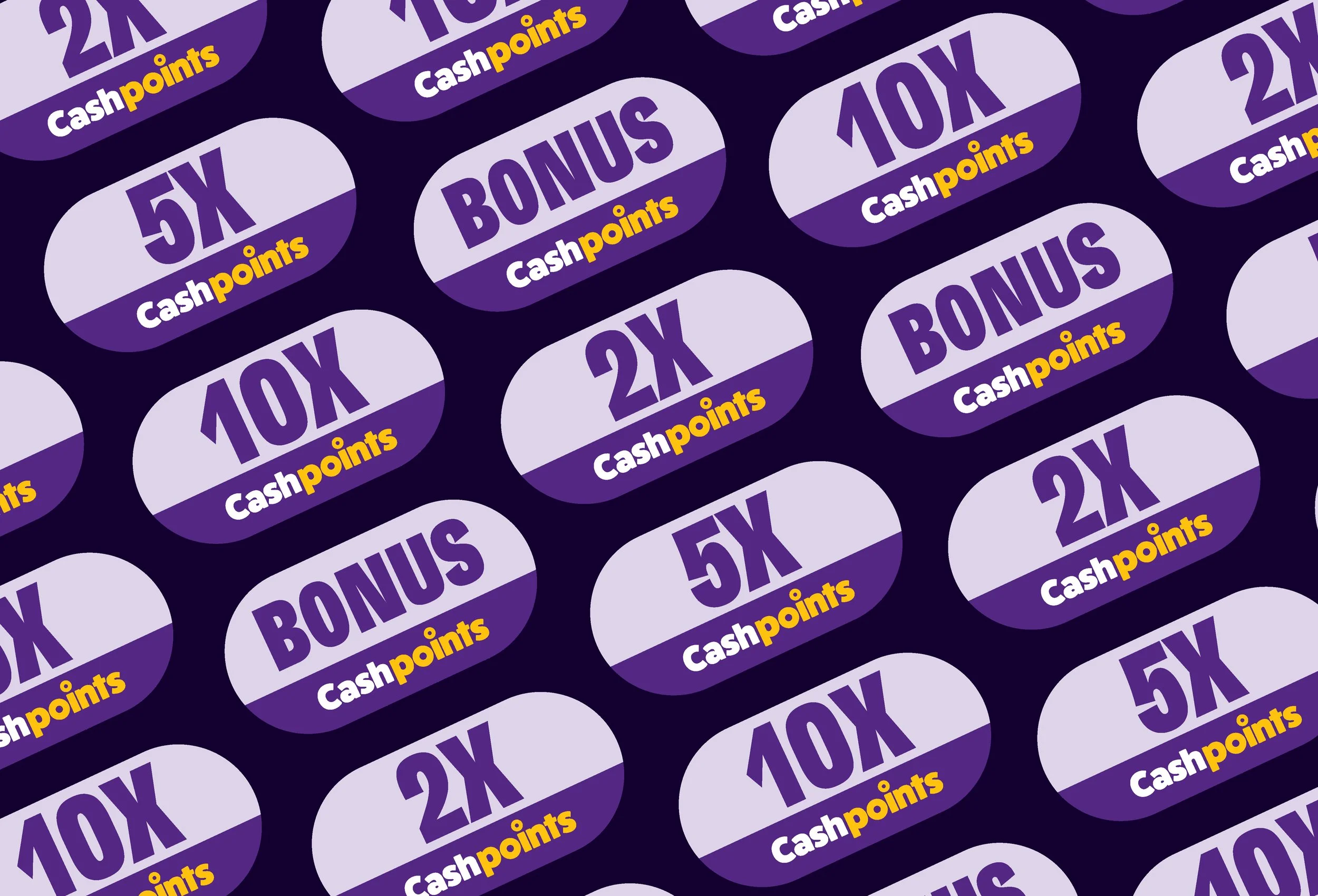 Pattern of reward coupons in purple and white with yellow text, featuring offers such as 5x, 10x, 21x, and bonus points.