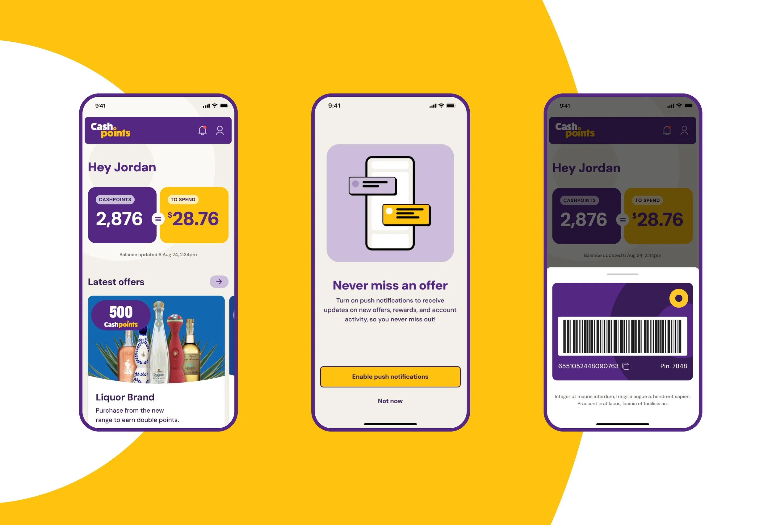 Image of three smartphone screens displaying a rewards app called 'Cash points'. The left screen shows a welcome message to Jordan with rewards points balance, a promotional section for liquor brand offers, and a colorful bottle graphic. The middle screen depicts steps to enable push notifications on the app. The right screen presents a barcode and QR code with account info and a pin, related to the rewards program.