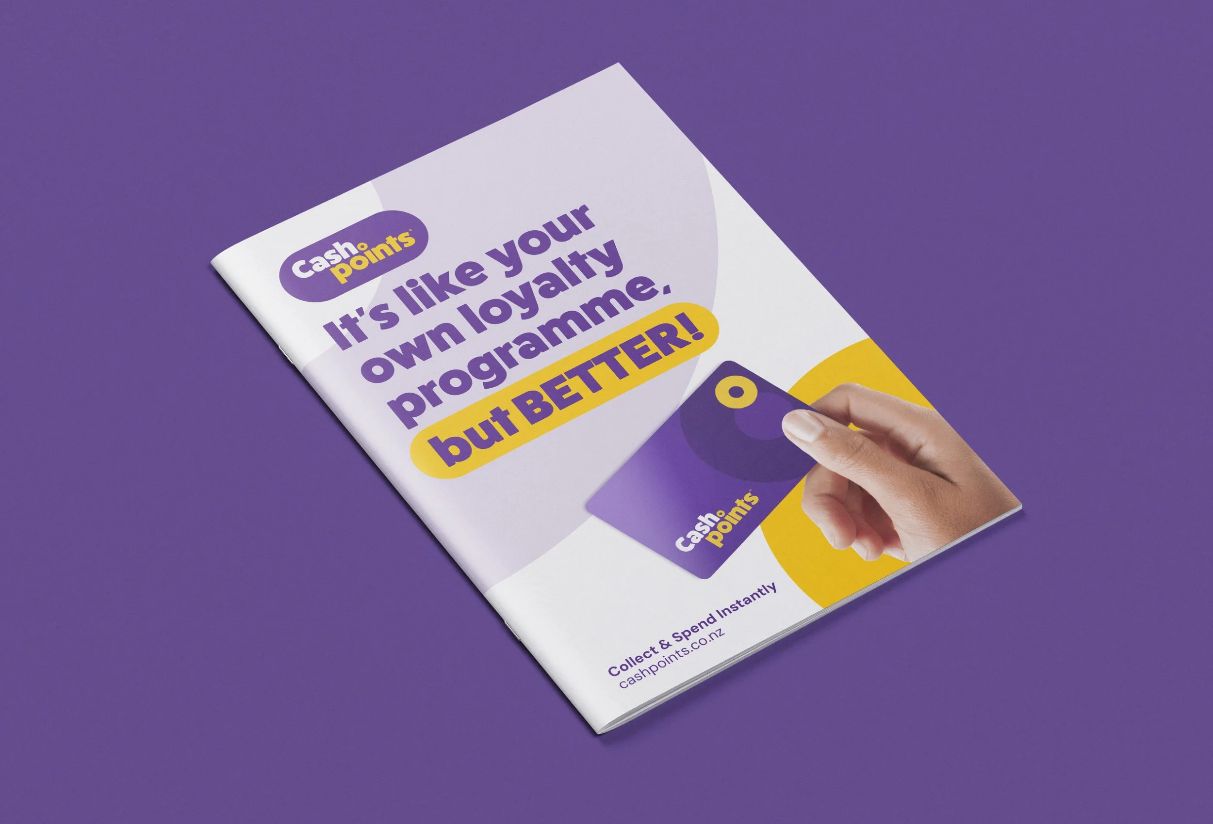 Promotional flyer for CashPoints app with purple, yellow, and white color scheme, featuring a hand holding a purple card, and text promoting loyalty program and instant cash collection.
