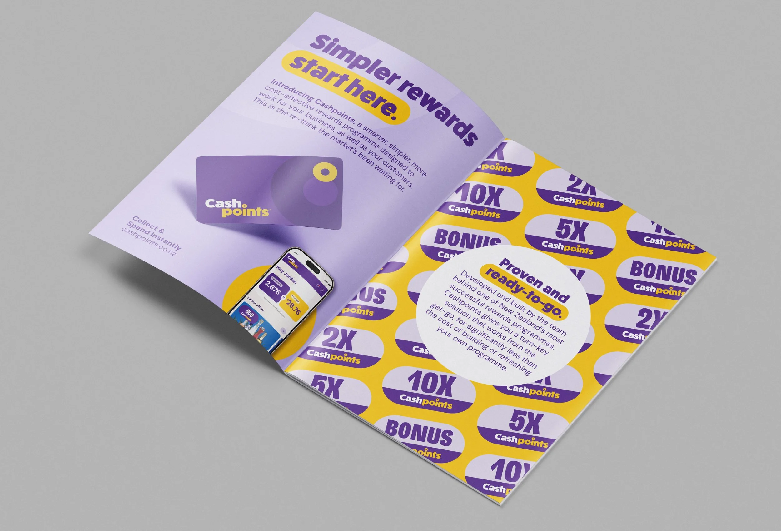 Printed promotional flyer with purple and yellow branding for Cash Points, featuring information about earning cash rewards, bonus points, and how to start.
