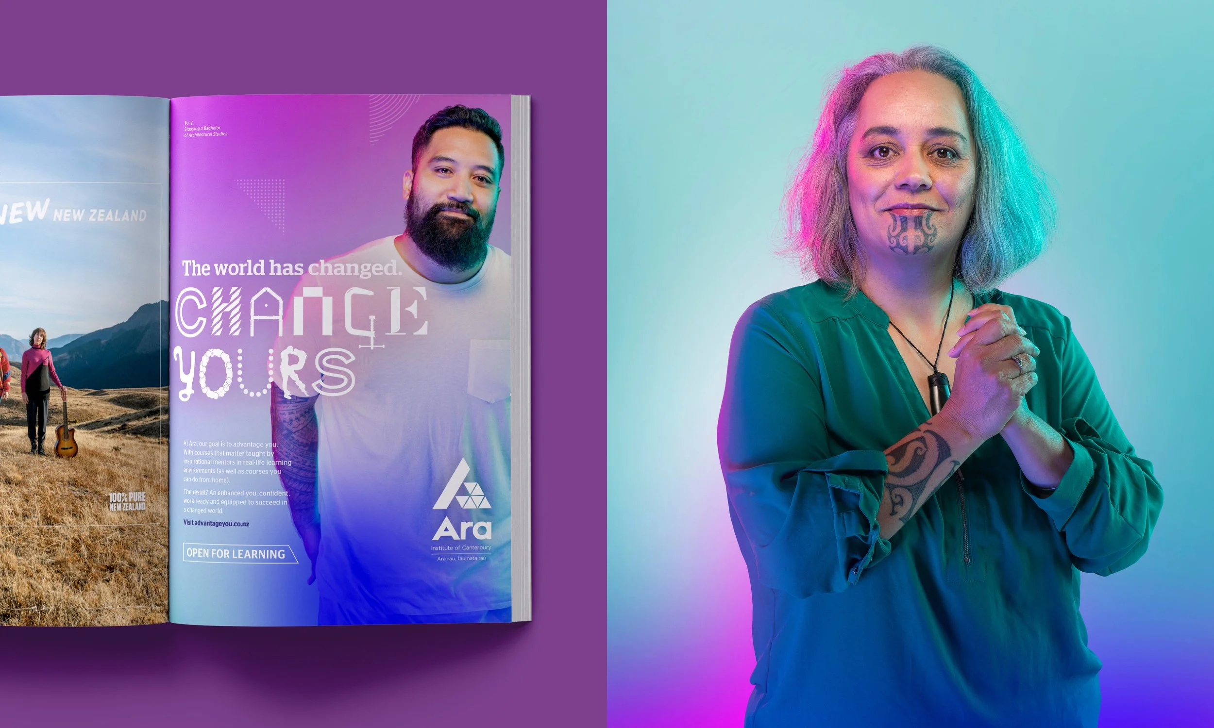 A collage with a magazine page on the left showing a man with a beard and tattoos standing outdoors with a mountainous landscape, drifted into purple background. The right side shows a woman with light purple hair, tattoos, and a green jacket, clasping her hands, against a teal to purple gradient background.