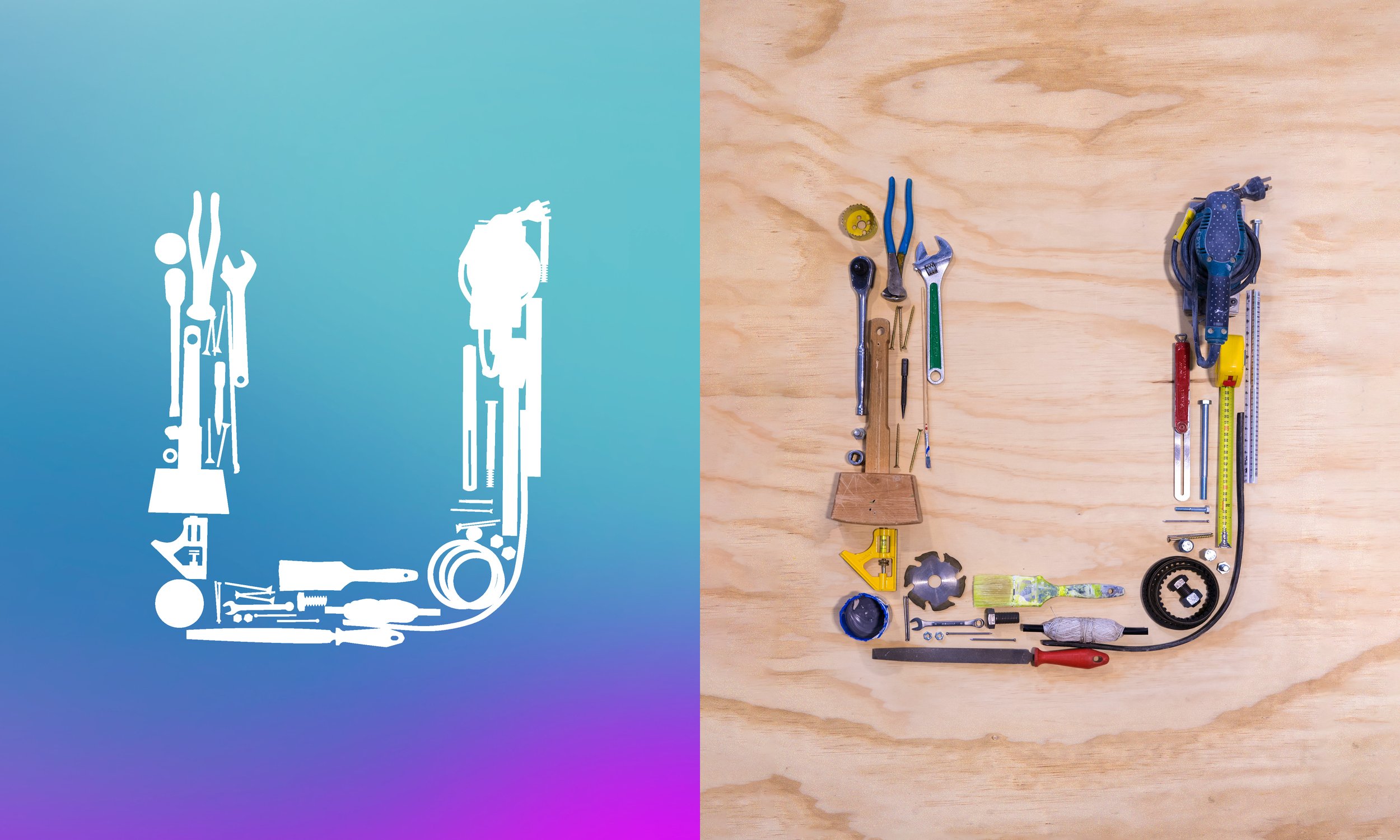 Split image showing a stylized white line drawing of various hand tools on a blue background on the left side, and a photograph of assorted tools laid out on a wooden surface on the right side.