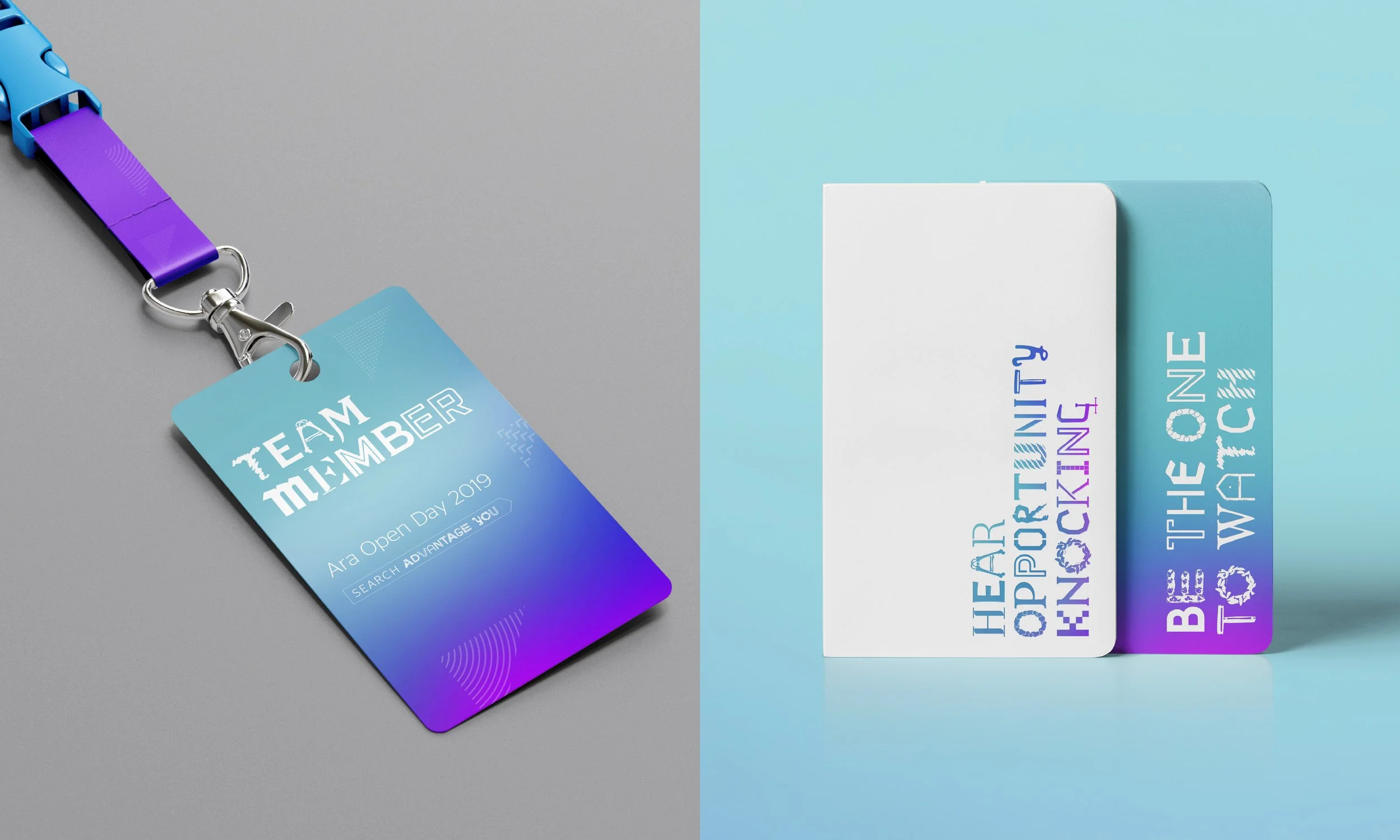 A blue lanyard with a purple retractable badge reel attached to a blue and white event badge reading "TEAM MEMBER" and "Ara Open Day 2019" on a gray background on the left. On the right, there are two overlapping cards with partial text on a blue background, including "HEAR" and "SPOPPIN".