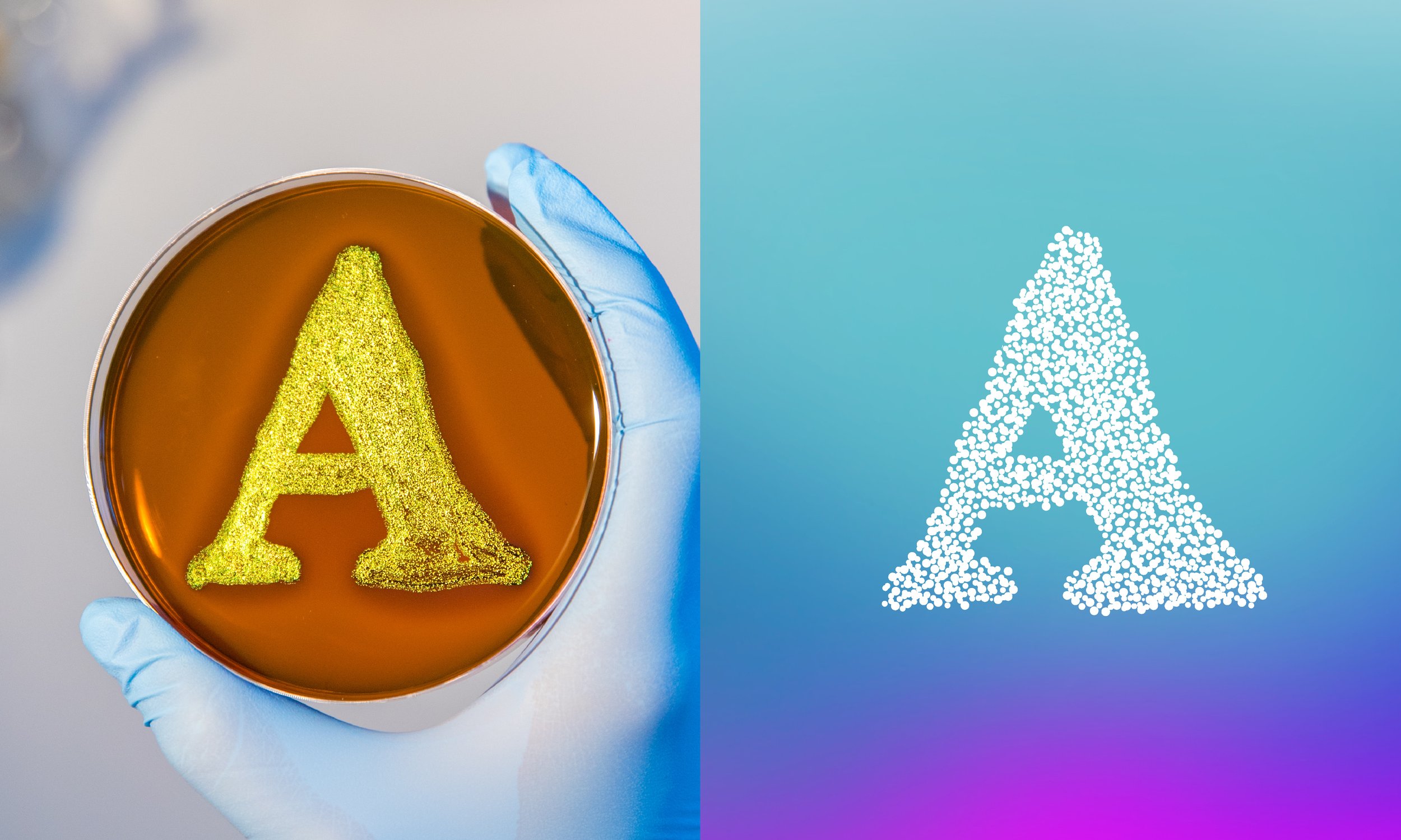 A gloved hand holding a small container with a golden liquid, with a yellow glittery letter A inside it, and a digital image of the letter A made of white dots on a blue background.