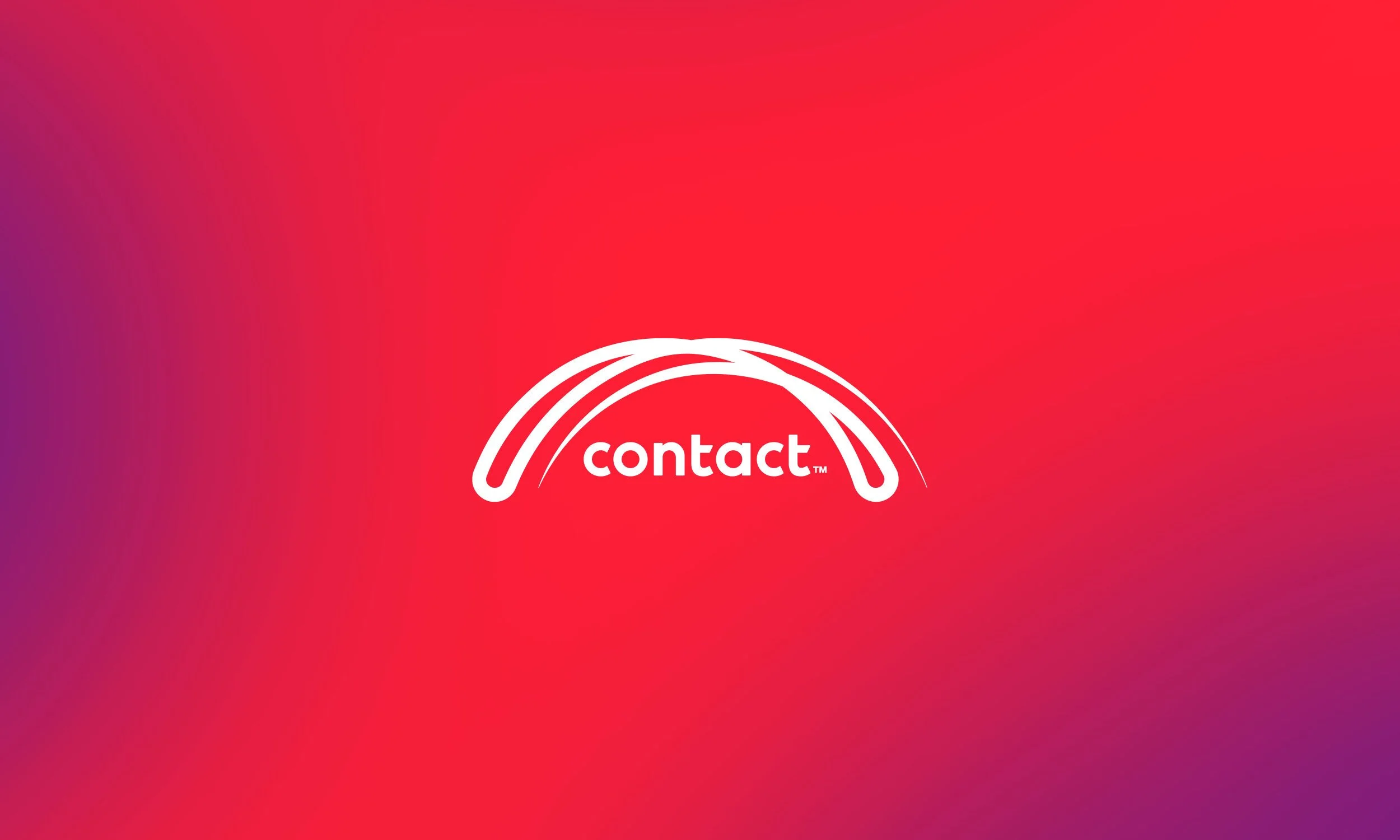 A red gradient background with a white logo featuring three curved lines and the word 'contact' in lowercase