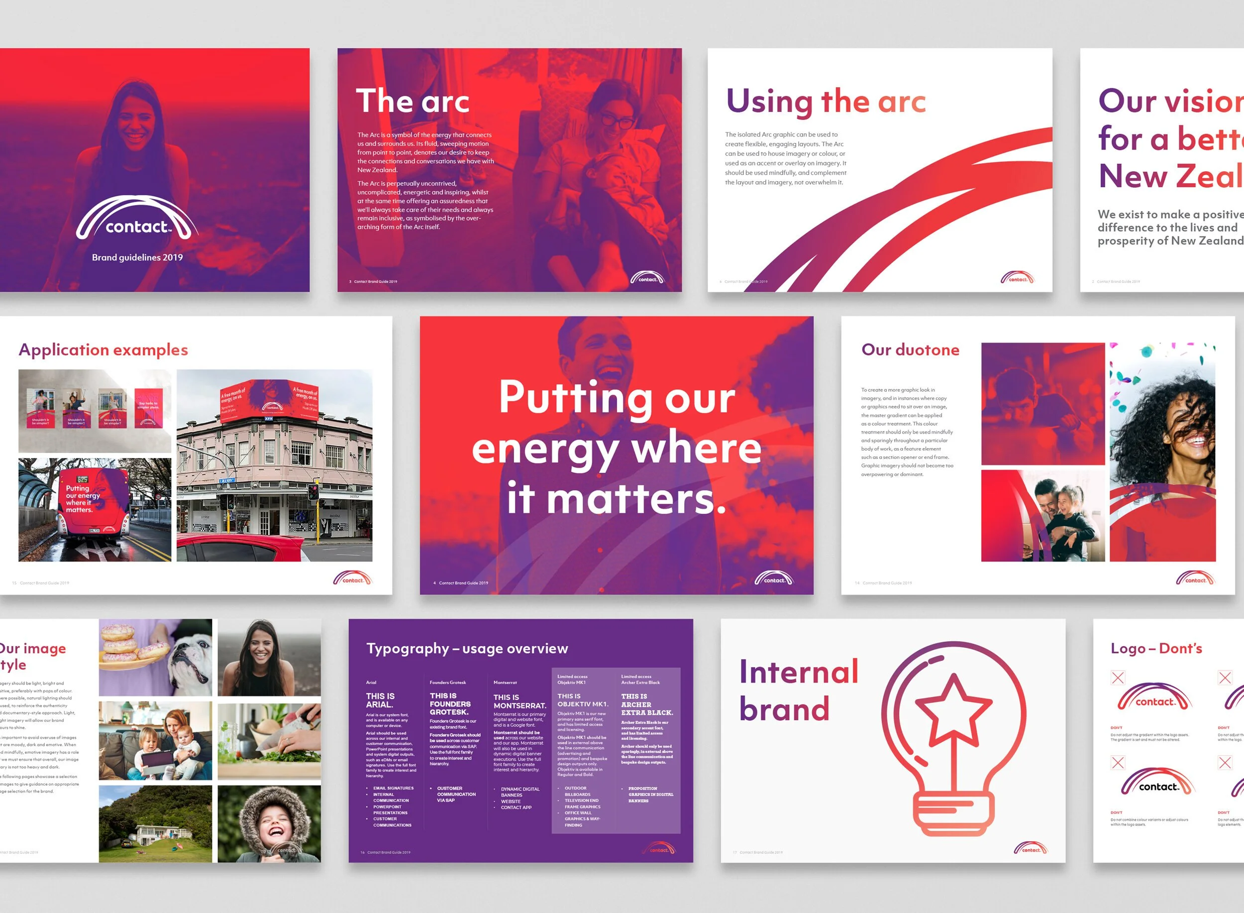 Several pages of a branding guide or presentation. The pages include text about the symbolism of the arc, usage of the arc in design, company vision, application examples, typography overview, and logo. The design features red, purple, and white colors with images of smiling people, cityscapes, and graphic icons.