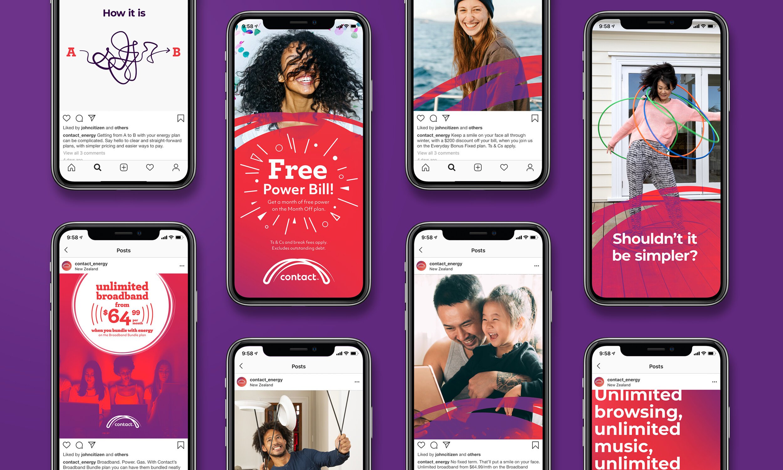 A collage of smartphone screens displaying various advertisements and social media posts for contact energy, including promotions for free power bills, unlimited broadband, and encouraging simplicity and enjoyment in life, set against a purple background.