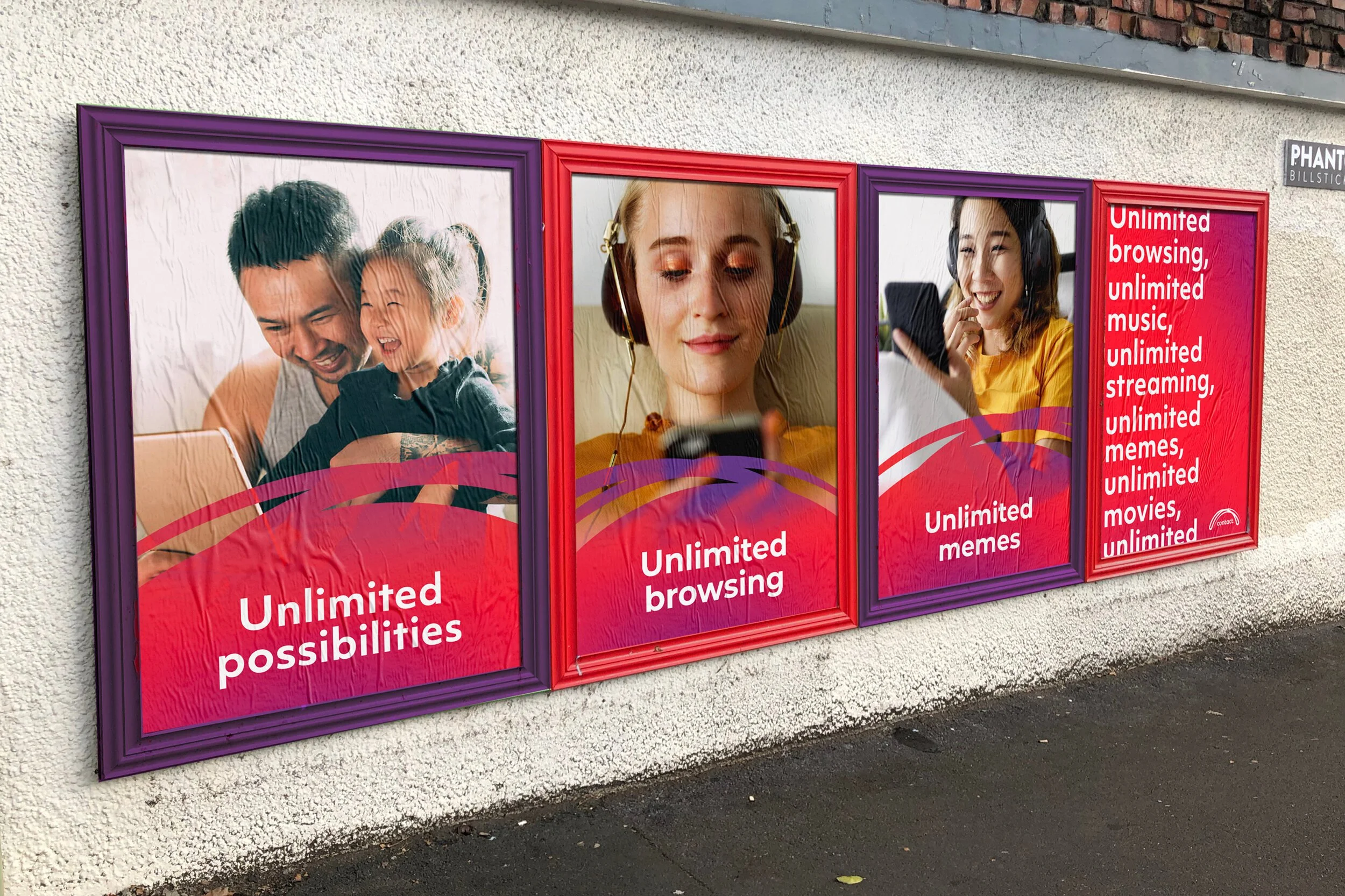A row of three colorful framed posters on a wall. The posters feature images of people enjoying digital devices and text promoting unlimited streaming, browsing, and entertainment services.