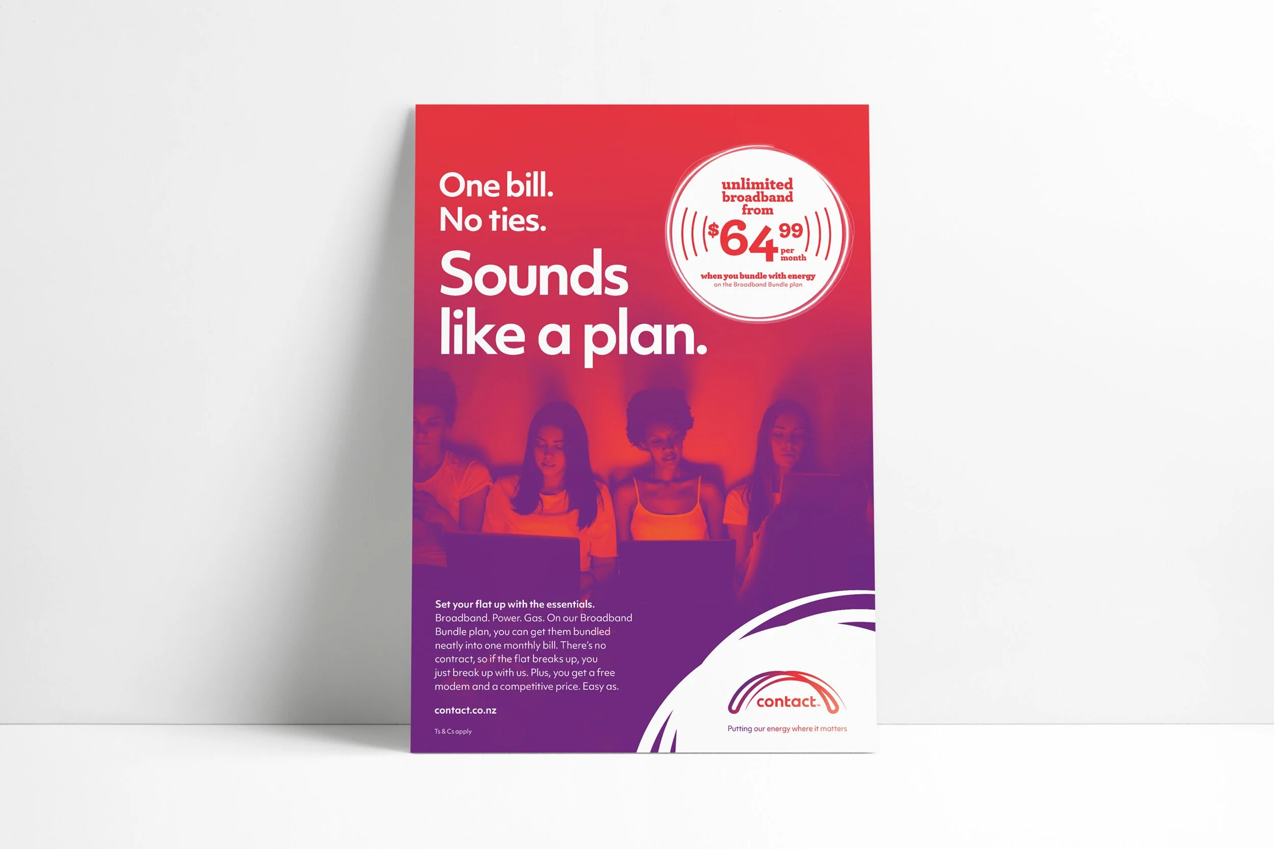 An informational flyer for broadband service, highlighting unlimited broadband starting at $64.99 per month when bundled with energy. The flyer features a gradient background with silhouettes of people at the bottom and includes a circular graphic indicating the price.