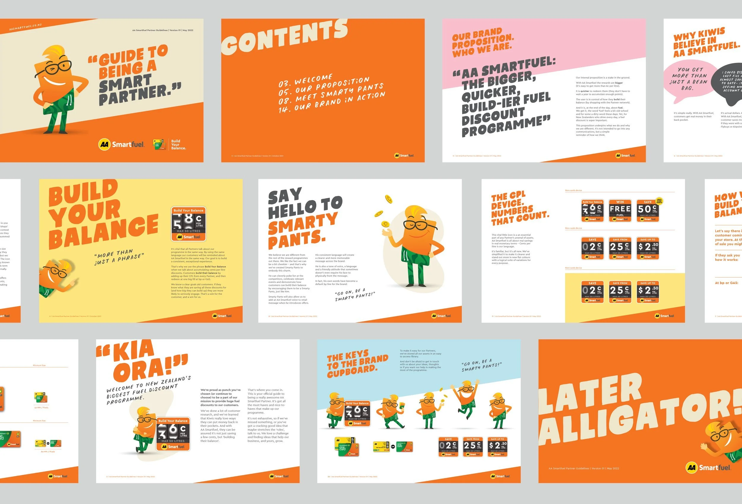 A collection of colorful presentation slides about Smartfuel. The slides include text, graphics of animated characters, and images of fuel gauges, offering guidance, key messages, and branding information for a fuel saving program.